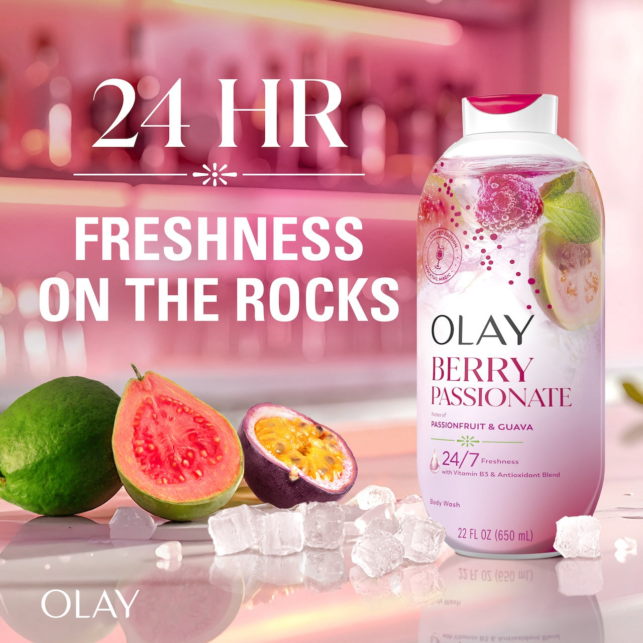 Olay Berry Passionate Body Wash on bar counter top with cut fruit. 24 Hour freshness on the rocks Olay Berry Passionate Body Wash on bar counter top with cut fruit. 24 Hour freshness on the rocks
