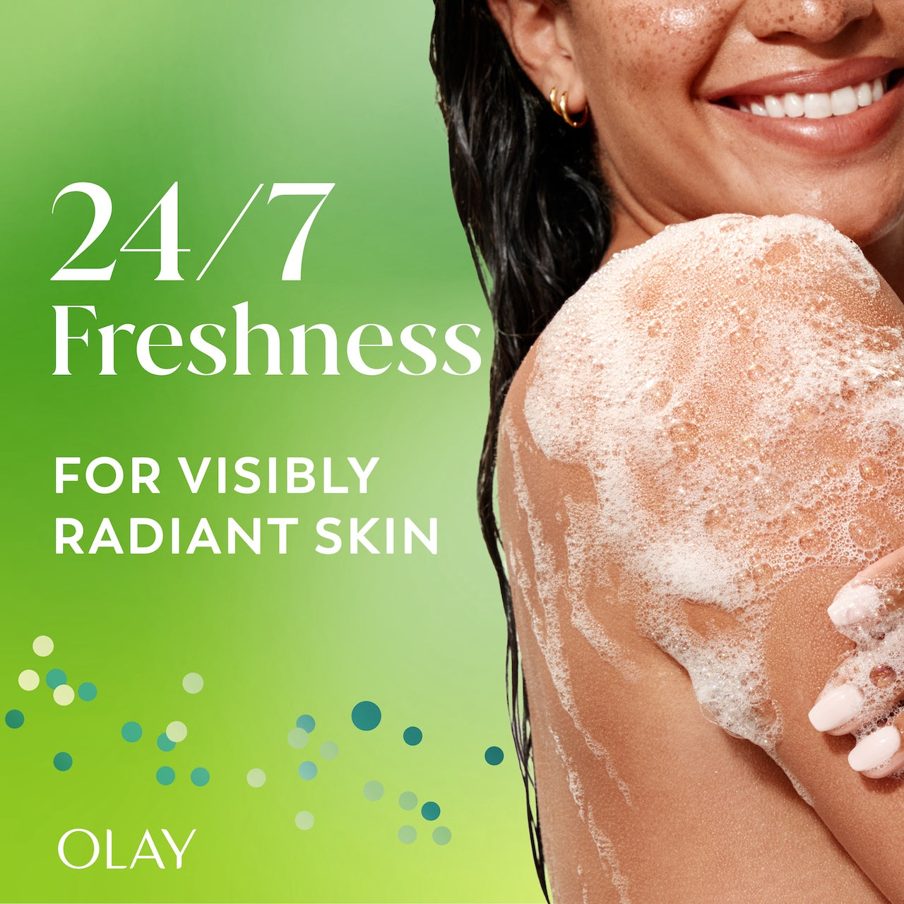 Model posing lathering body wash on arm. 24/7 Freshness for visibly radiant skin Model posing lathering body wash on arm. 24/7 Freshness for visibly radiant skin