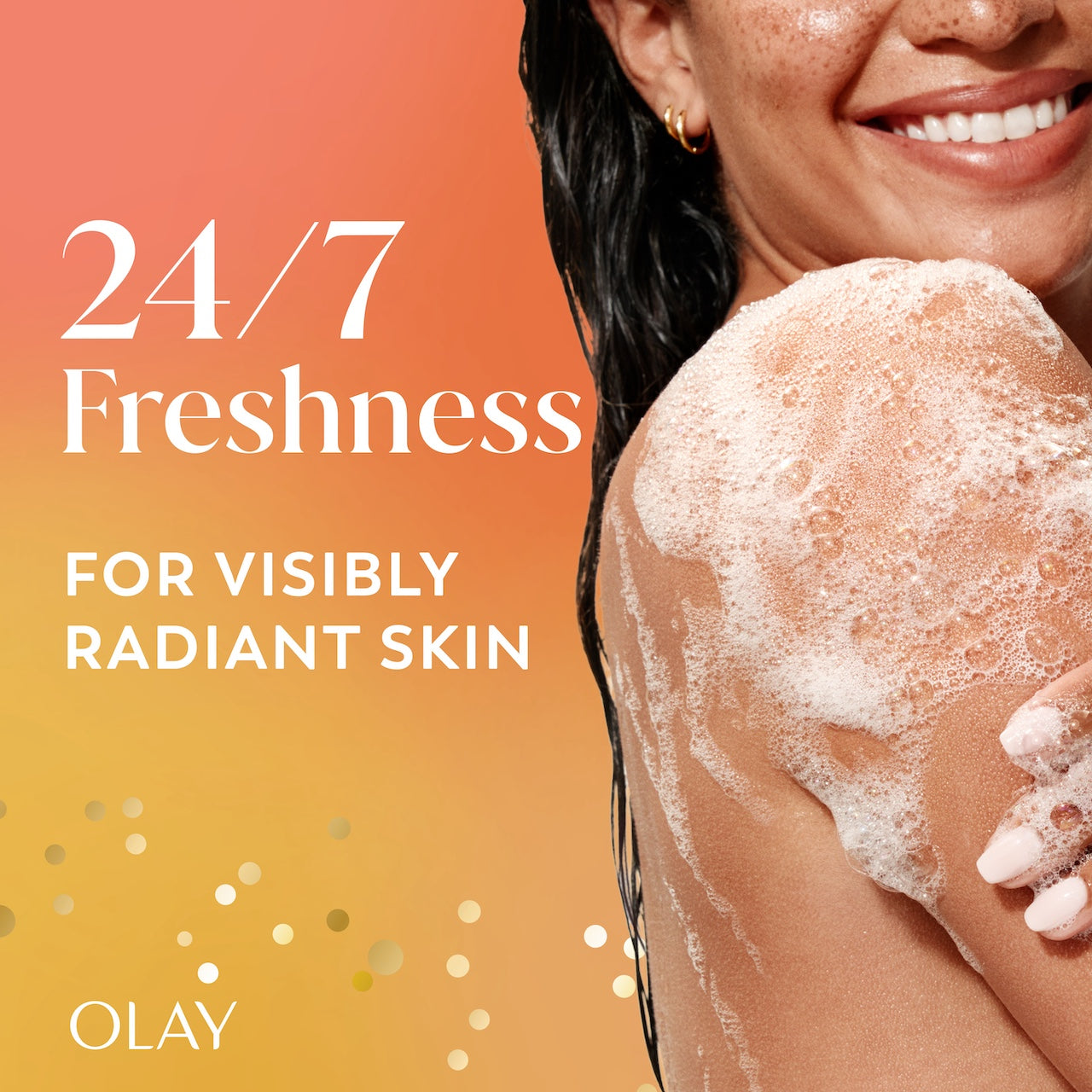 Model posing lathering body wash on arm. 24/7 Freshness for visibly radiant skin Model posing lathering body wash on arm. 24/7 Freshness for visibly radiant skin