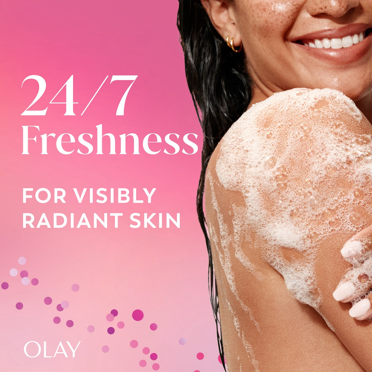 Model posing lathering body wash on arm. 24/7 Freshness for visibly radiant skin Model posing lathering body wash on arm. 24/7 Freshness for visibly radiant skin