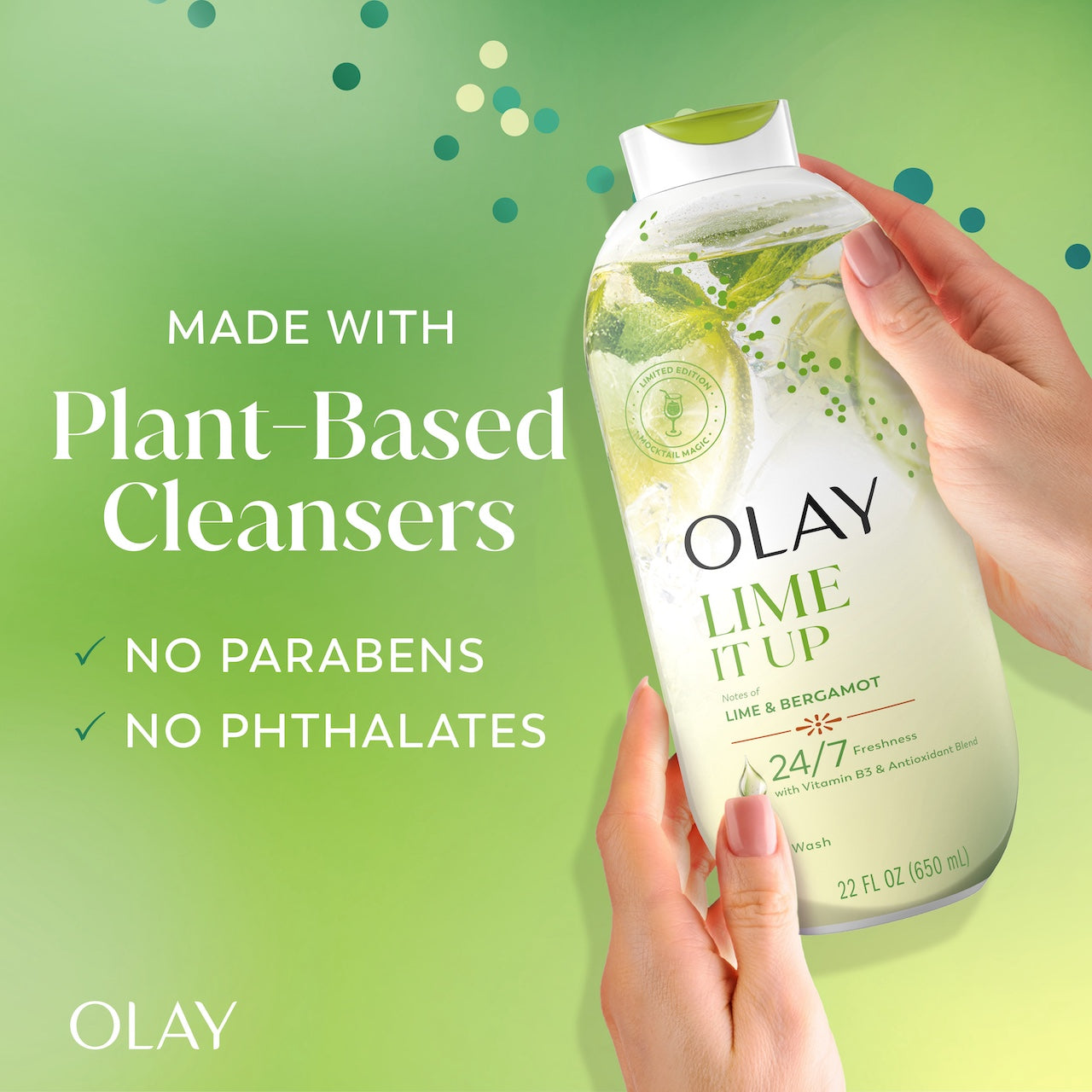 Model holding Olay Lime It Up Body Wash made with plant based cleansers. No parabens no phthalates Model holding Olay Lime It Up Body Wash made with plant based cleansers. No parabens no phthalates