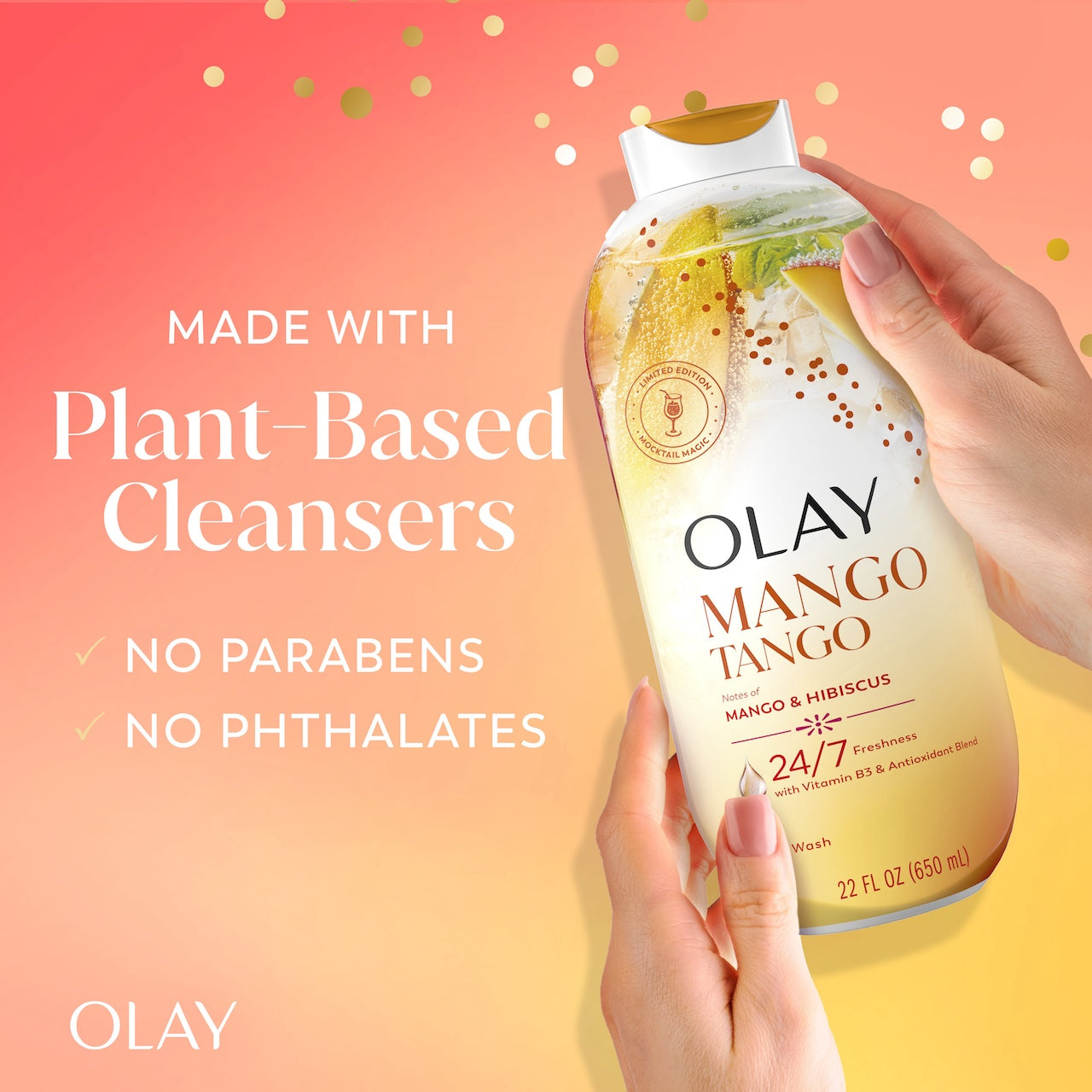 Model holding Olay Mango Tango Body Wash with Notes of Mango and Hibiscus, Vitamin B3 and Antioxidant Blend, 22oz. Made with plant based cleansers. No parabens no phthalates Model holding Olay Mango Tango Body Wash with Notes of Mango and Hibiscus, Vitamin B3 and Antioxidant Blend, 22oz. Made with plant based cleansers. No parabens no phthalates
