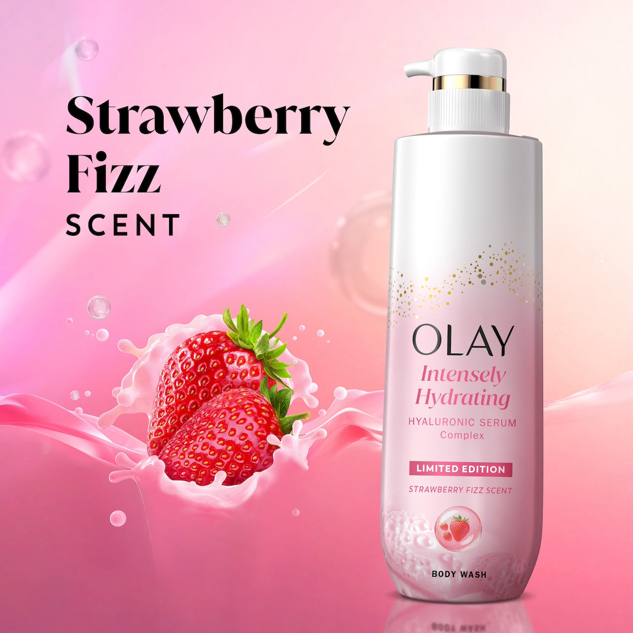 Olay Intensely Hydrating Body Wash, Strawberry bottle. Strawberry fizz scent. Olay Intensely Hydrating Body Wash, Strawberry bottle. Strawberry fizz scent.