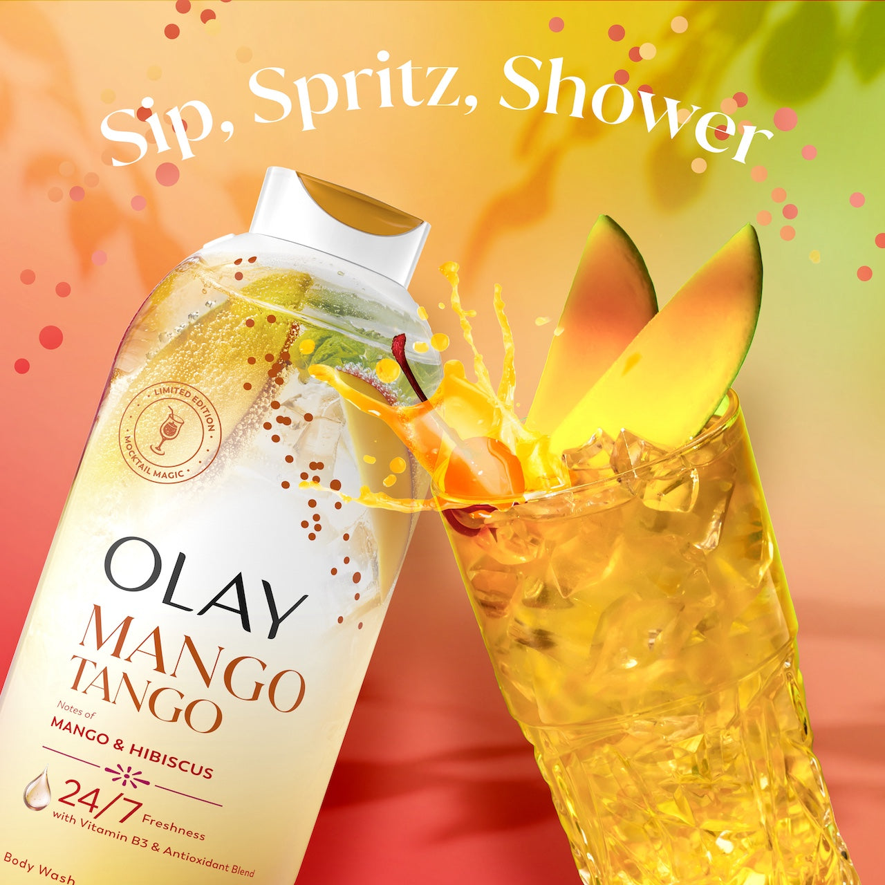 Olay Mango Tango Body Wash with Notes of Mango and Hibiscus, Vitamin B3 and Antioxidant Blend, 22oz and a mango drink. Sip, spritz shower Olay Mango Tango Body Wash with Notes of Mango and Hibiscus, Vitamin B3 and Antioxidant Blend, 22oz and a mango drink. Sip, spritz shower