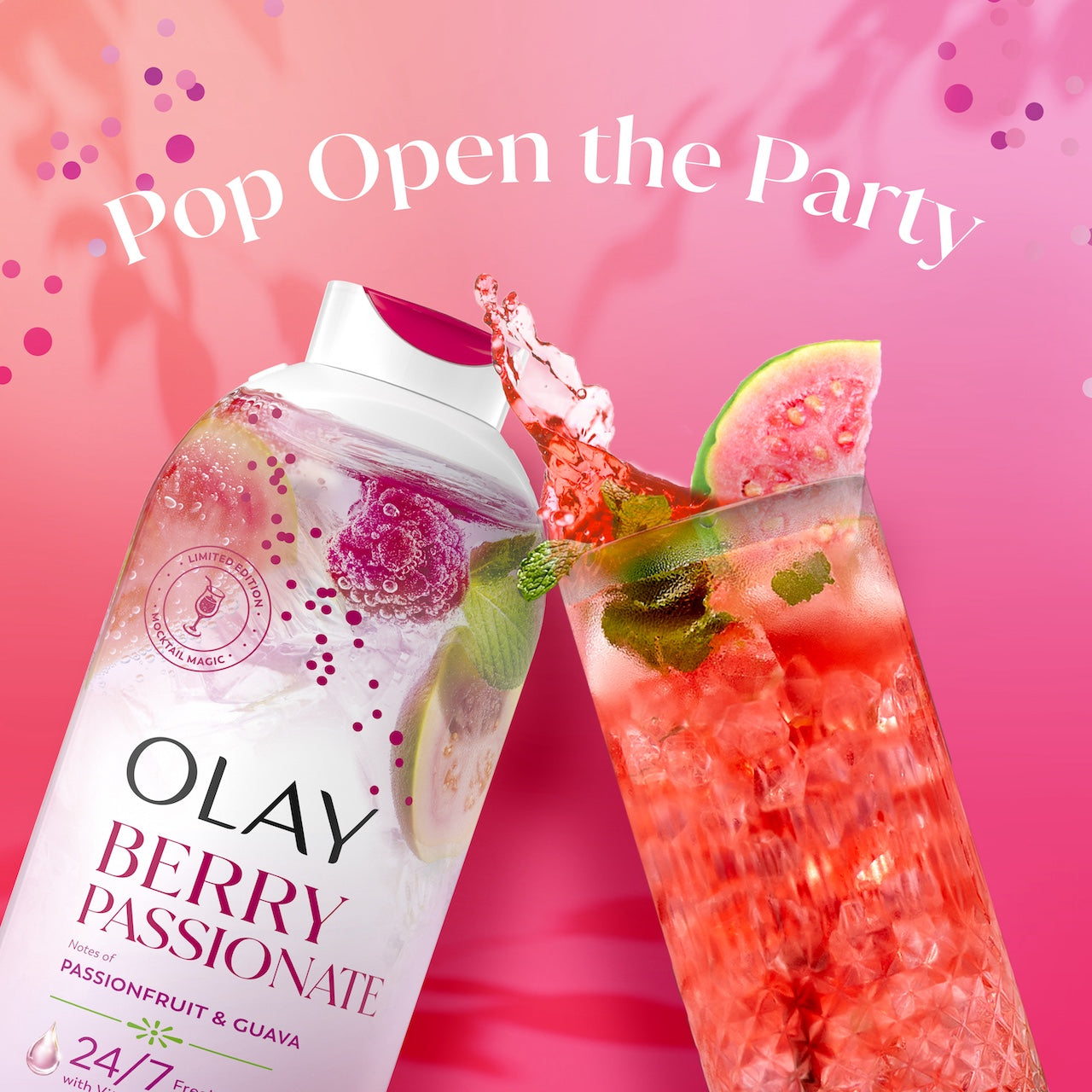 Pop open the party. Olay Berry Passionate Body Wash bottle and red drink splashing with cut fruit on the top Pop open the party. Olay Berry Passionate Body Wash bottle and red drink splashing with cut fruit on the top