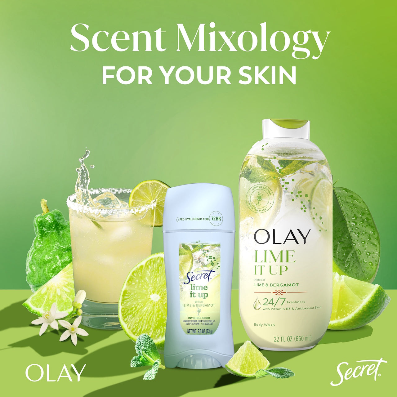 Olay Lime It Up Body Wash, a lime drink splashing and Secret Lime it up deodorant. Scent mixology for your skin. Olay Lime It Up Body Wash, a lime drink splashing and Secret Lime it up deodorant. Scent mixology for your skin.