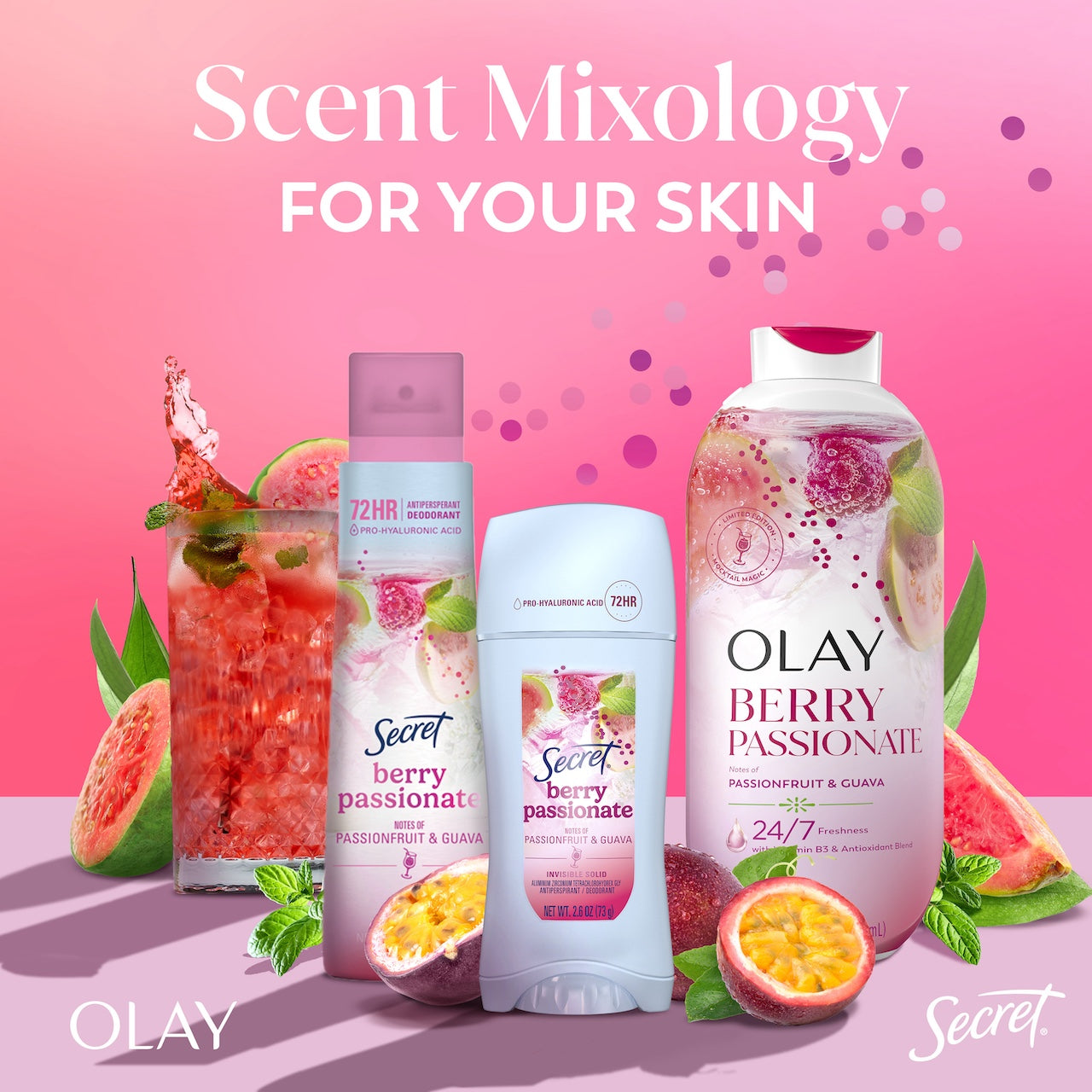 Berry passionate scent lineup. 3 bottle Deodorant and body wash. Pink drink splashing with fruit on top. Berry passionate scent lineup. 3 bottle Deodorant and body wash. Pink drink splashing with fruit on top.