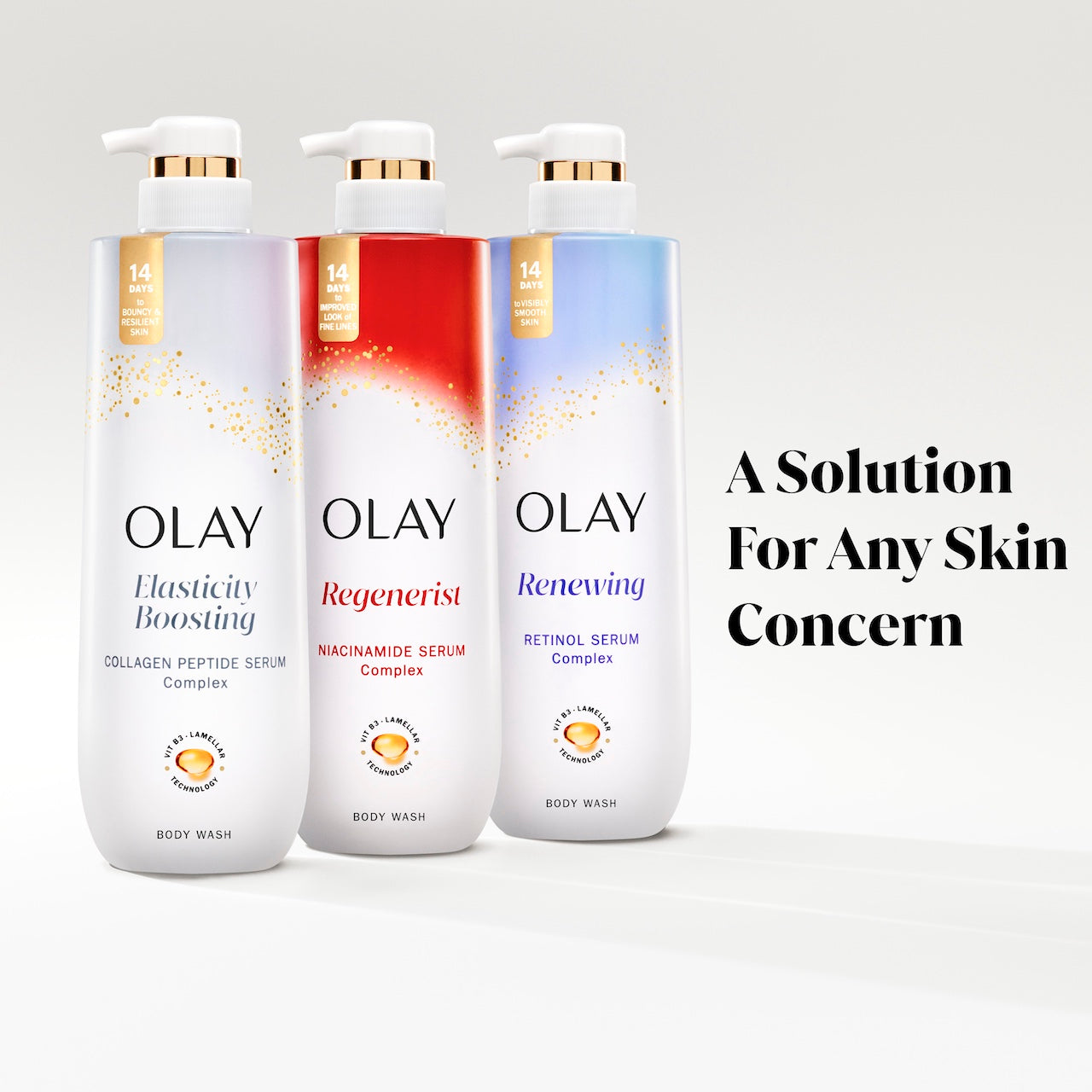 Olay body wash 3 bottle lineup. A solution for any skin concern Olay body wash 3 bottle lineup. A solution for any skin concern