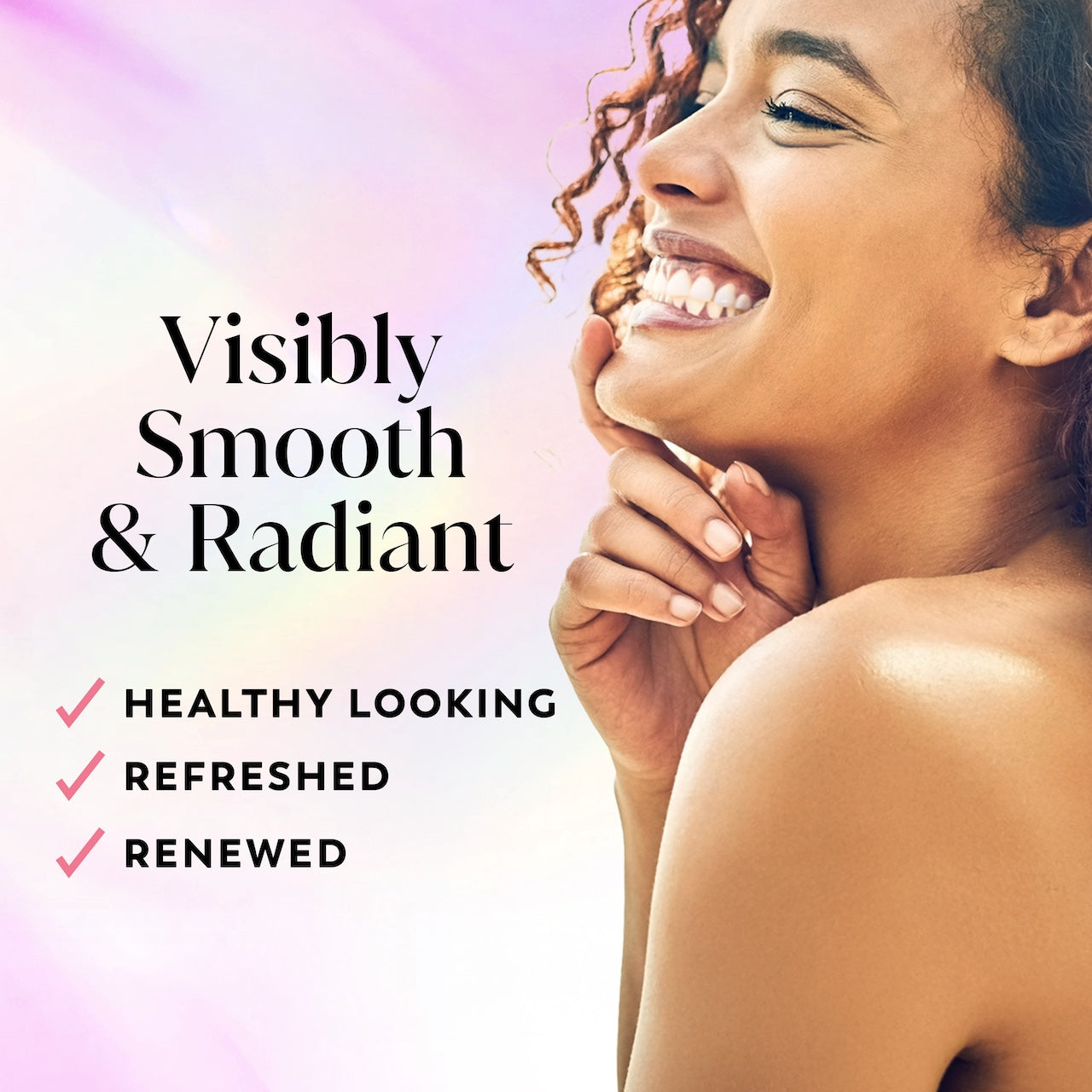 Model posing and smiling. Visibly smooth and radiant. Healthy looking, refreshed, renewed. Model posing and smiling. Visibly smooth and radiant. Healthy looking, refreshed, renewed.