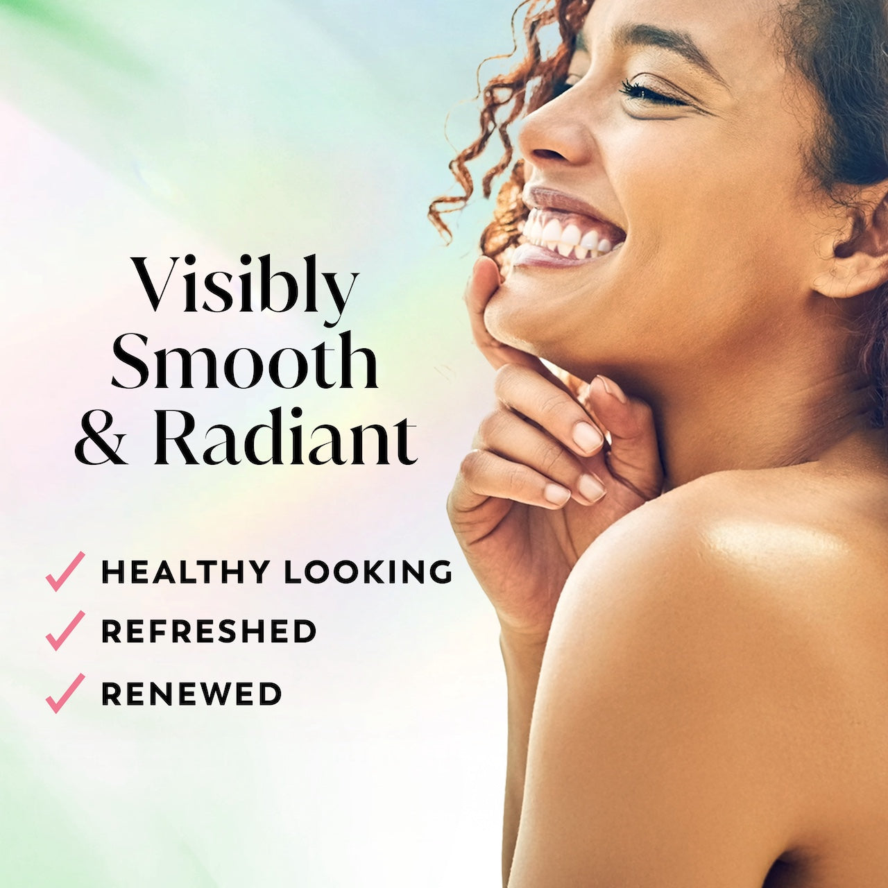 Model posing and smiling. Visibly smooth and radiant. Healthy looking, refreshed, renewed. Model posing and smiling. Visibly smooth and radiant. Healthy looking, refreshed, renewed.