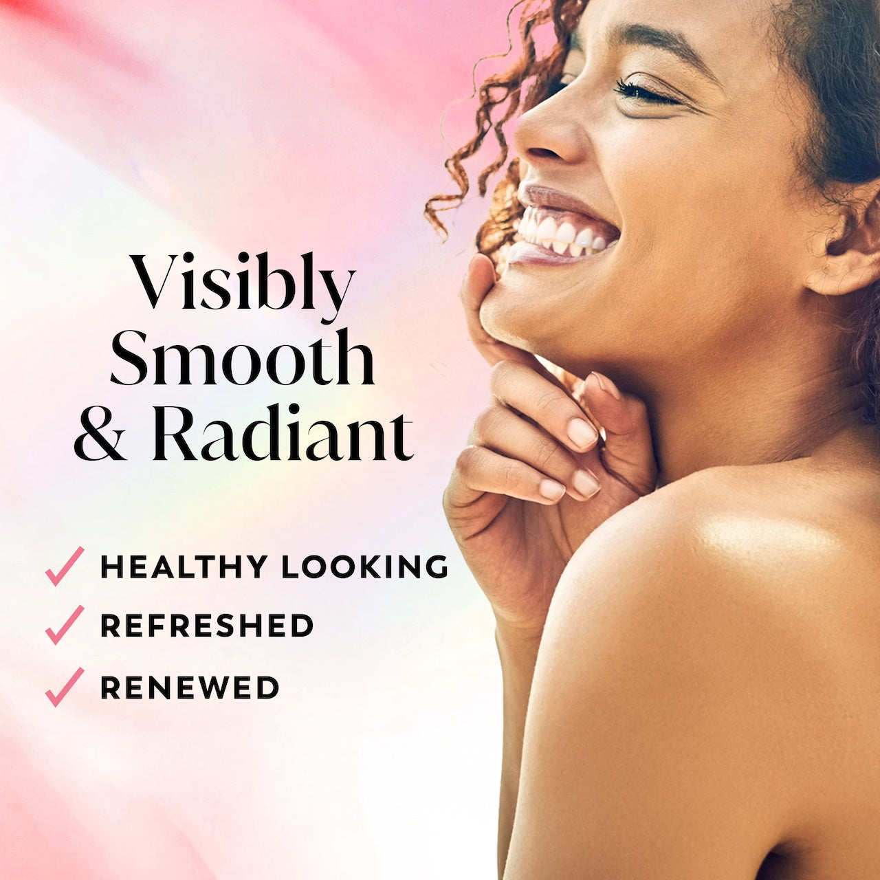 Model posing and smiling. Visibly smooth and radiant. Healthy looking, refreshed, renewed. Model posing and smiling. Visibly smooth and radiant. Healthy looking, refreshed, renewed.