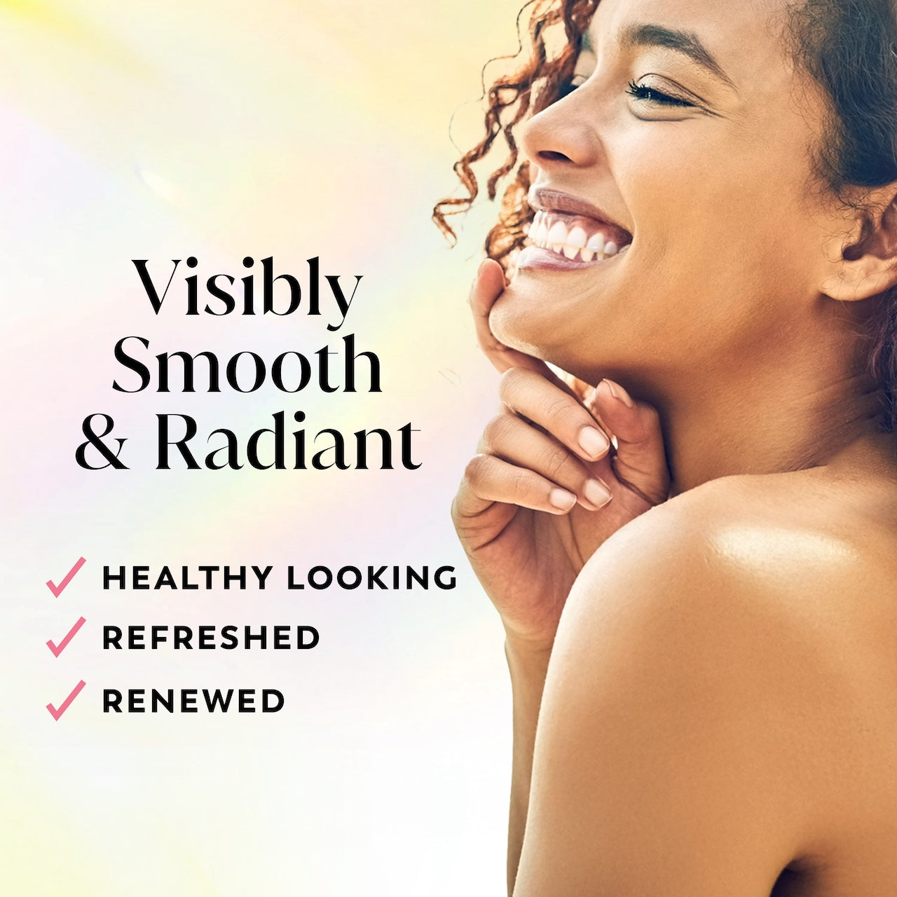 Model posing and smiling. Visibly smooth and radiant. Healthy looking, refreshed, renewed. Model posing and smiling. Visibly smooth and radiant. Healthy looking, refreshed, renewed.