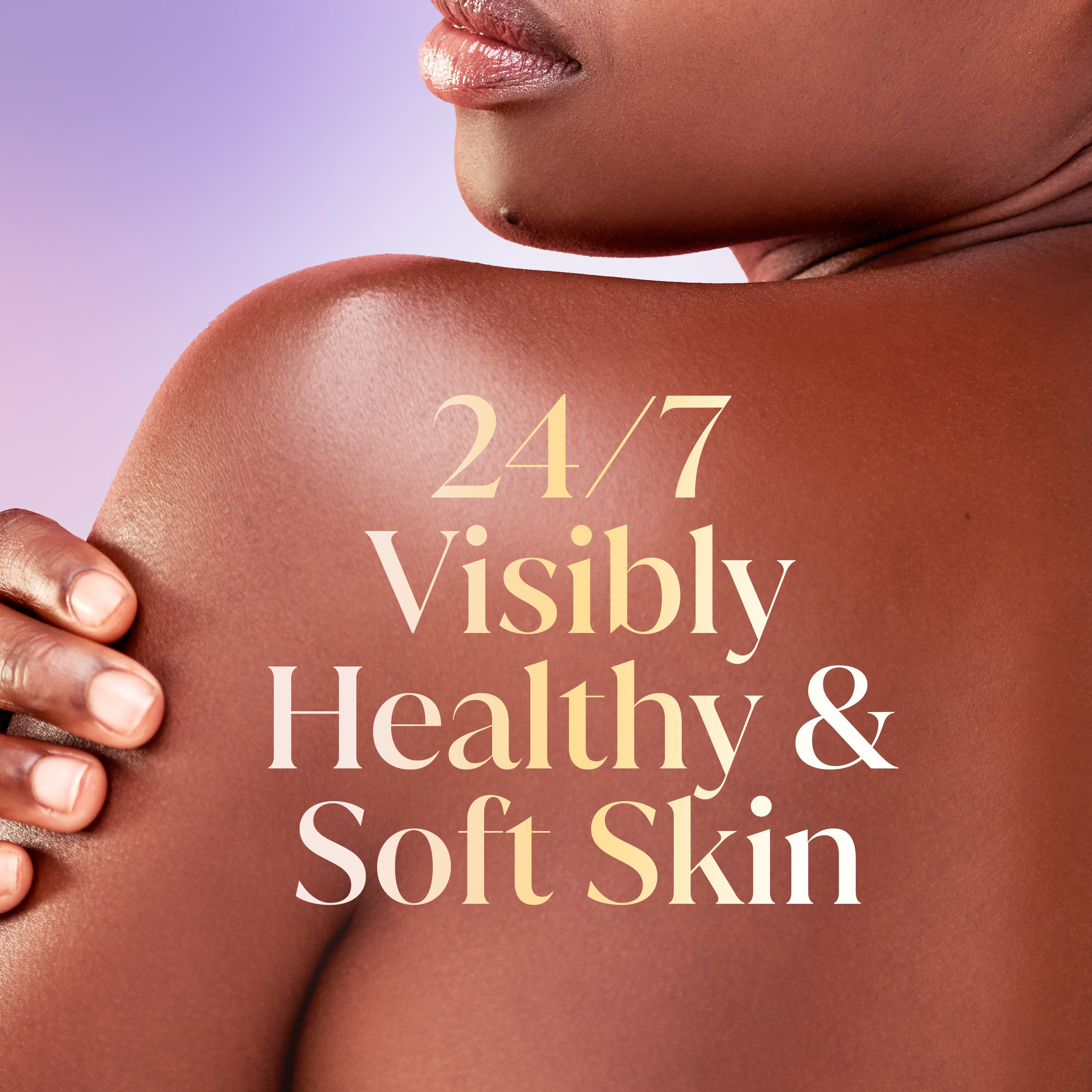 Model posing back facing. 24/7 visibly healtyh and soft skin Model posing back facing. 24/7 visibly healtyh and soft skin