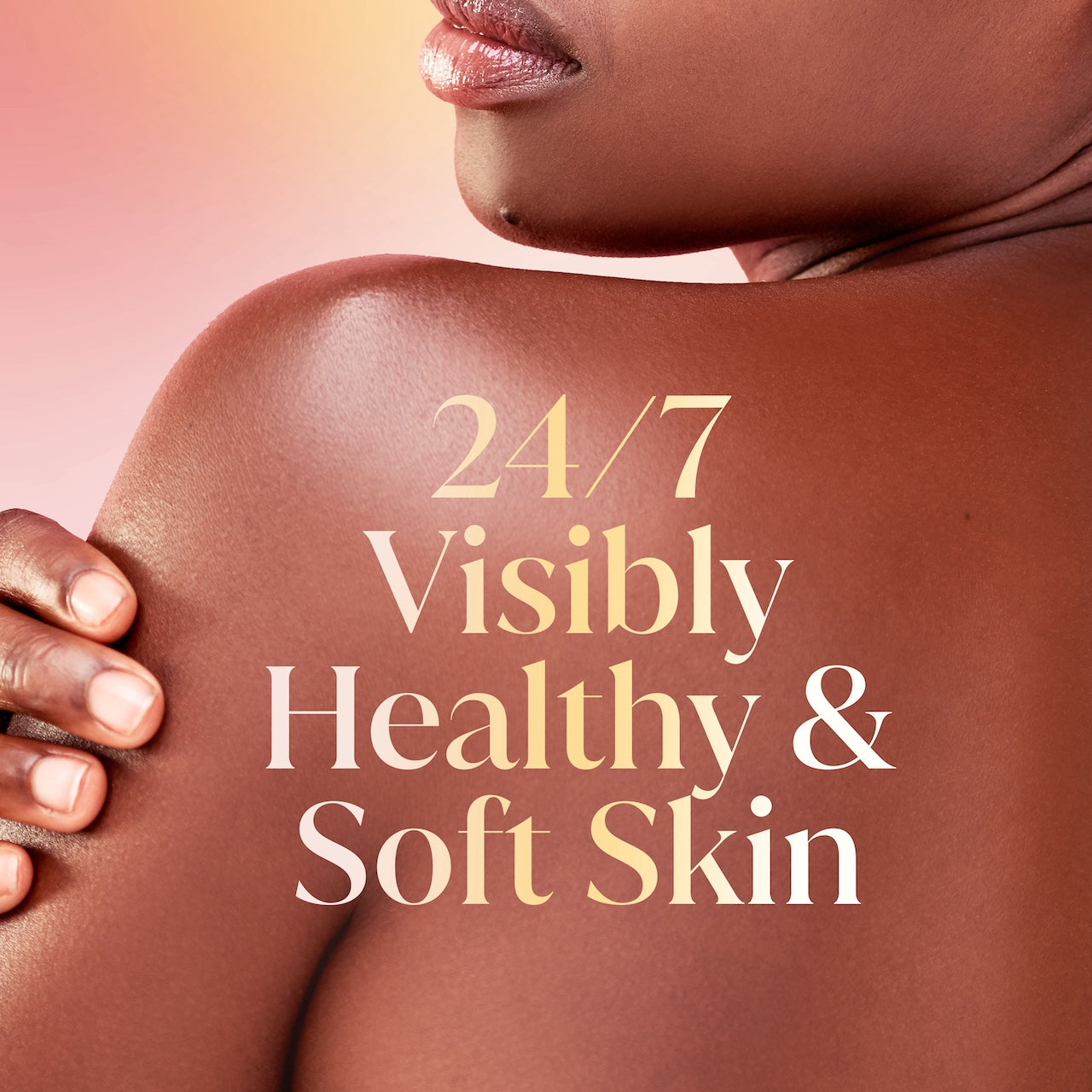 Model posing back facing. 24/7 visibly healtyh and soft skin Model posing back facing. 24/7 visibly healtyh and soft skin