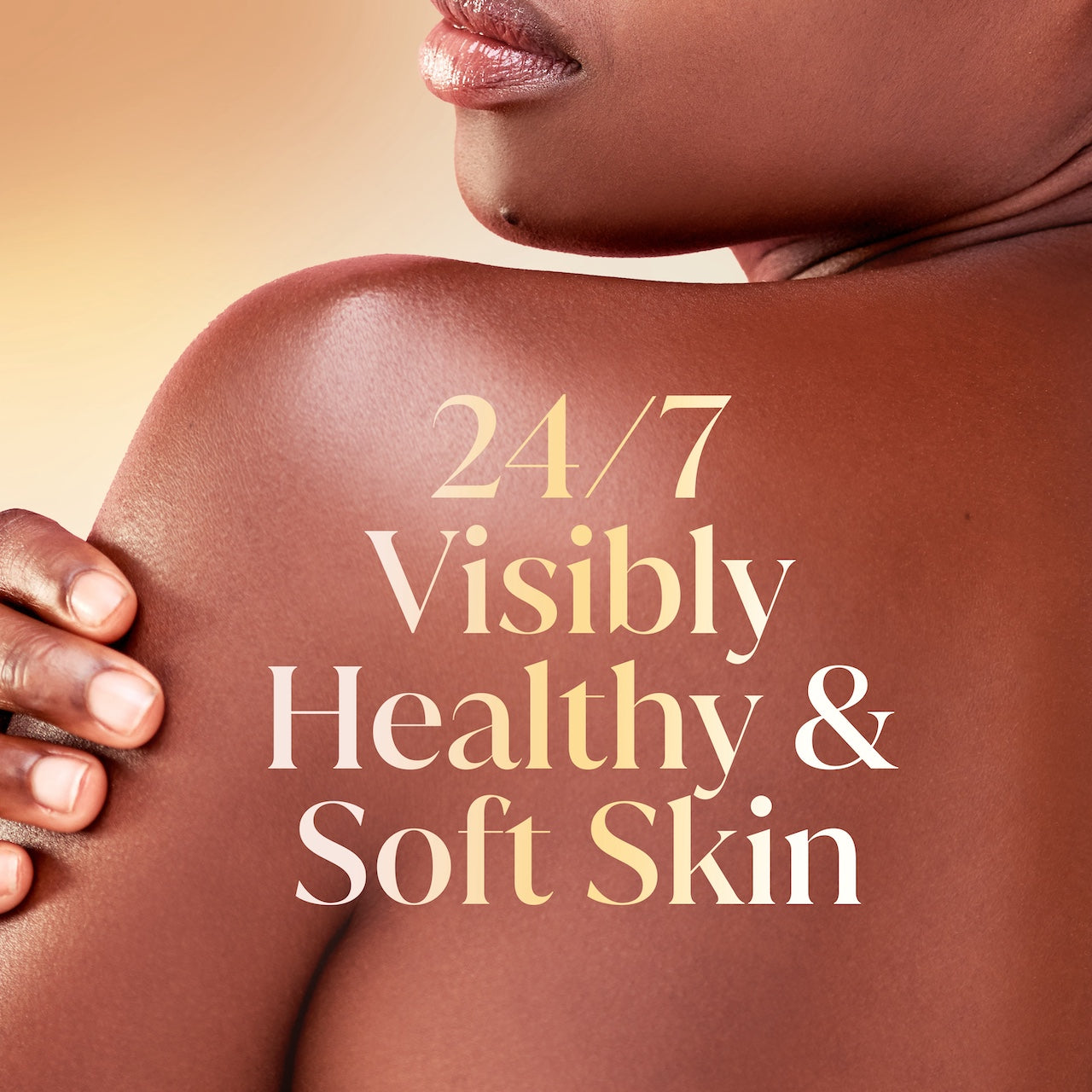 Model posing back facing. 24/7 visibly healtyh and soft skin Model posing back facing. 24/7 visibly healtyh and soft skin