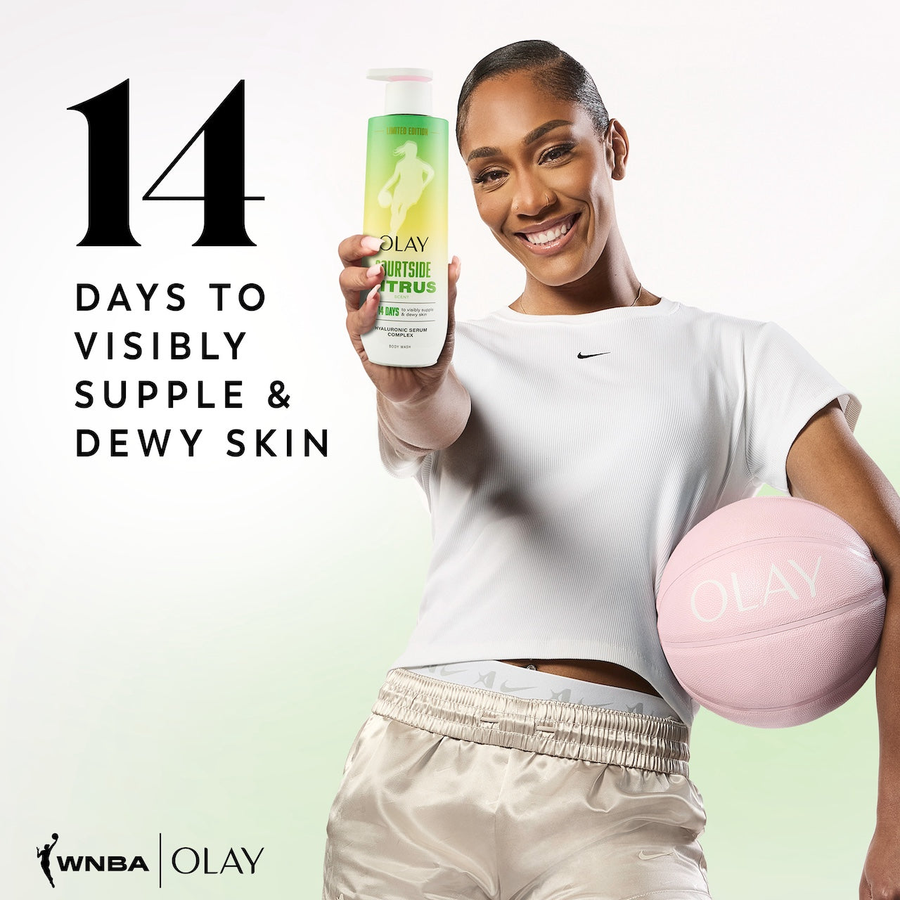 A'jA Wilson posing with basketball smiling holding Intensely Hydrating Body Wash. 14 days to visibly supple and dewy skin A'jA Wilson posing with basketball smiling holding Intensely Hydrating Body Wash. 14 days to visibly supple and dewy skin