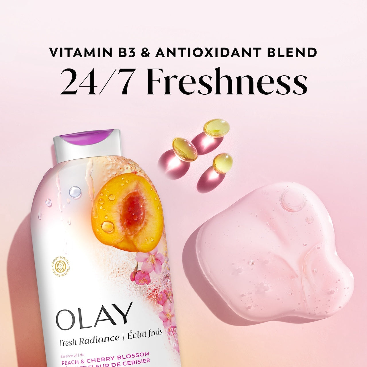 Fresh Radiance Body Wash Bottle and vitamin capsules. Vitamin B3 and antioxidant blend. 24/7 freshness Fresh Radiance Body Wash Bottle and vitamin capsules. Vitamin B3 and antioxidant blend. 24/7 freshness