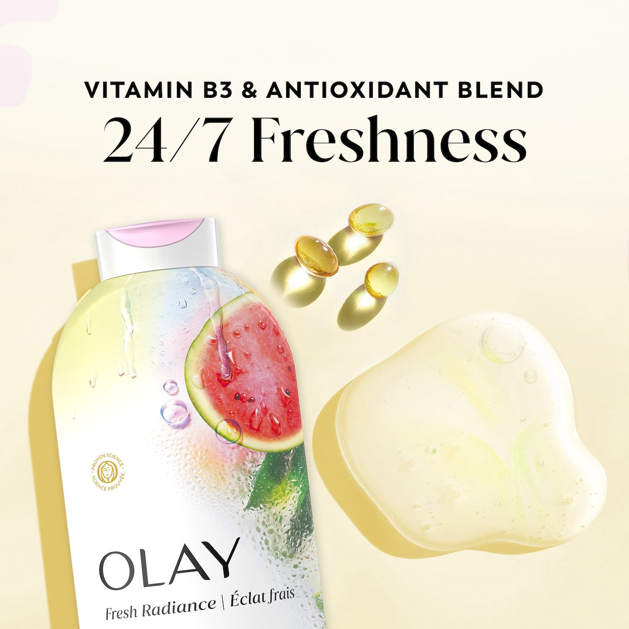 Fresh Radiance Body Wash Bottle and vitamin capsules. Vitamin B3 and antioxidant blend. 24/7 freshness Fresh Radiance Body Wash Bottle and vitamin capsules. Vitamin B3 and antioxidant blend. 24/7 freshness