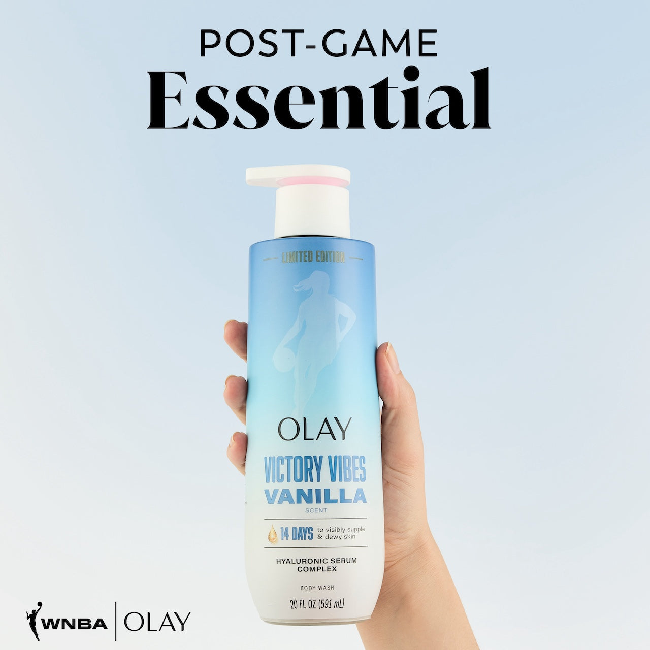 Model holding Victory Vibes ntensely Hydrating Body Wash. Post game essential Model holding Victory Vibes ntensely Hydrating Body Wash. Post game essential