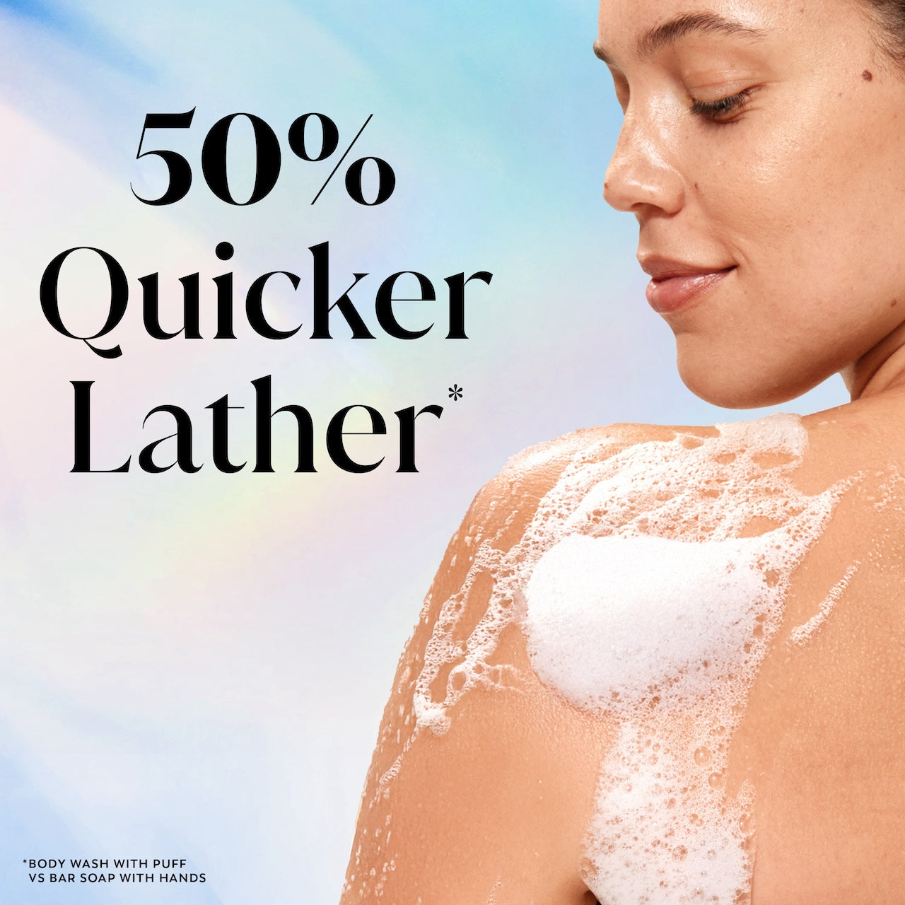 Model posing back facing while lathering Fresh Radiance Body Wash on shoulder. 50% quicker lather.*. *body wash with puff vs bar soap with hands Model posing back facing while lathering Fresh Radiance Body Wash on shoulder. 50% quicker lather.*. *body wash with puff vs bar soap with hands