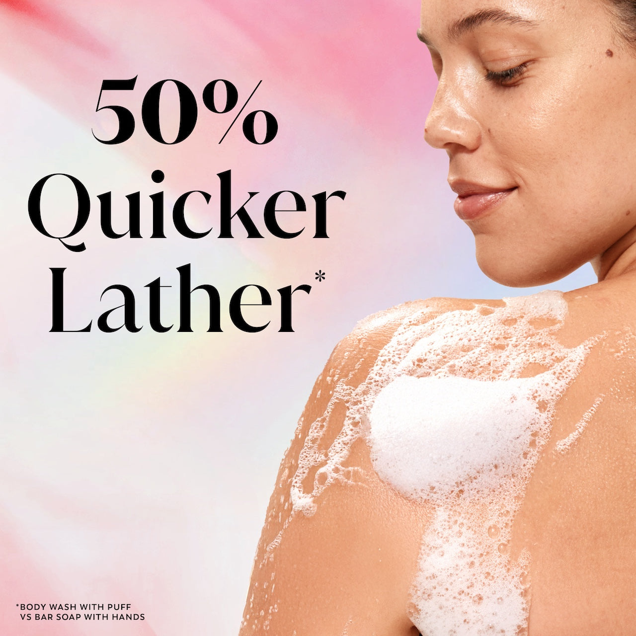 Model posing back facing while lathering Fresh Radiance Body Wash on shoulder. 50% quicker lather.*. *body wash with puff vs bar soap with hands Model posing back facing while lathering Fresh Radiance Body Wash on shoulder. 50% quicker lather.*. *body wash with puff vs bar soap with hands