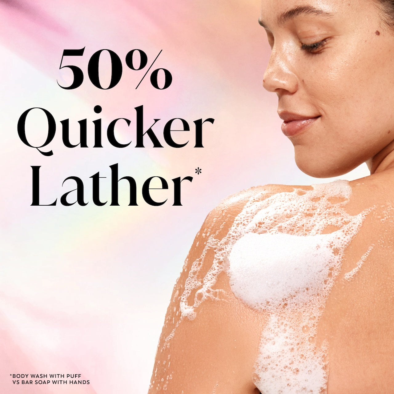 Model posing back facing while lathering Fresh Radiance Body Wash on shoulder. 50% quicker lather.*. *body wash with puff vs bar soap with hands Model posing back facing while lathering Fresh Radiance Body Wash on shoulder. 50% quicker lather.*. *body wash with puff vs bar soap with hands