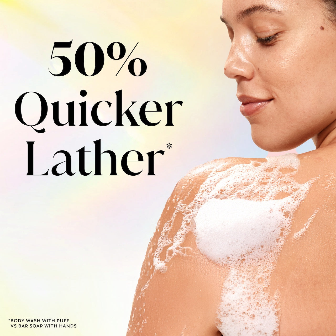 Model posing back facing while lathering Fresh Radiance Body Wash on shoulder. 50% quicker lather.*. *body wash with puff vs bar soap with hands Model posing back facing while lathering Fresh Radiance Body Wash on shoulder. 50% quicker lather.*. *body wash with puff vs bar soap with hands