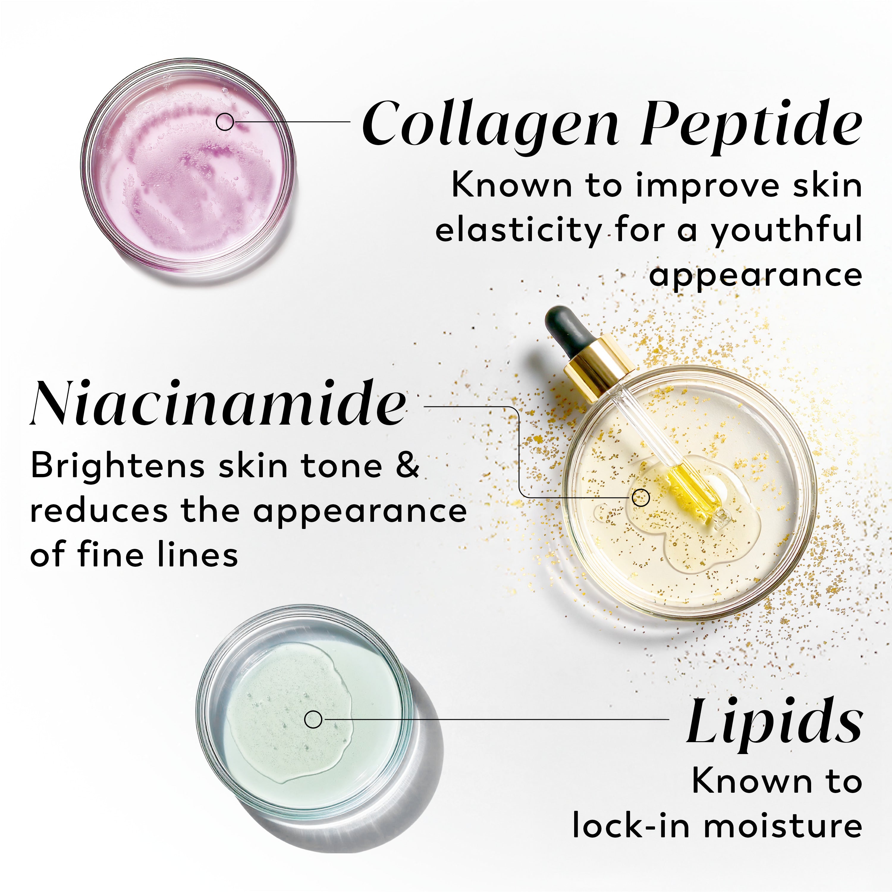 3 ingredients. Collagen Peptide known to improve skin elasticity for a youthful appearance. Lipids known to lock in moisture. Niacinamide brightens skin tone and reduces the appearance of fine lines. 3 ingredients. Collagen Peptide known to improve skin elasticity for a youthful appearance. Lipids known to lock in moisture. Niacinamide brightens skin tone and reduces the appearance of fine lines.
