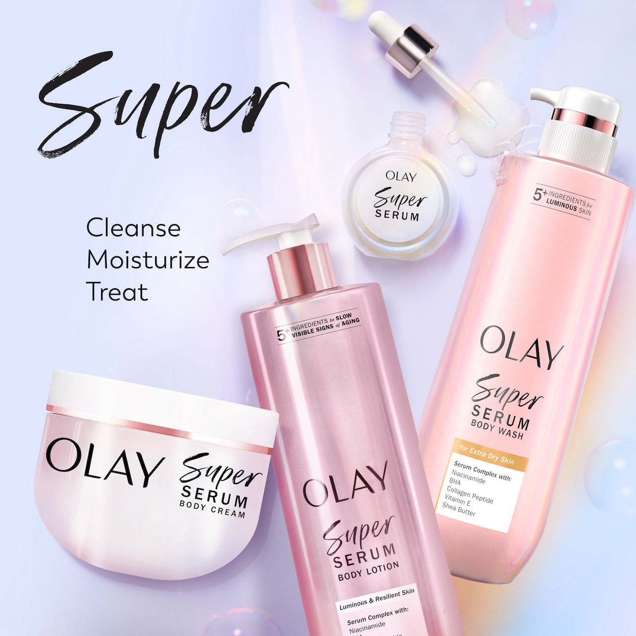 Super product lineup. Super Serum, Super Cream, Super Body Lotion and Super Body Wash containers. Cleanse, moisturize, treat Super product lineup. Super Serum, Super Cream, Super Body Lotion and Super Body Wash containers. Cleanse, moisturize, treat