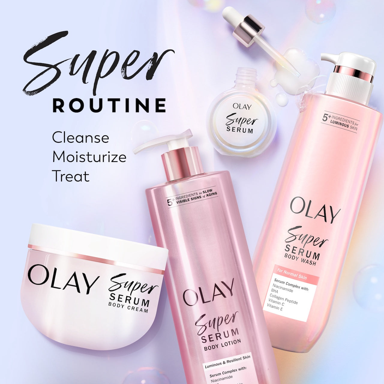 Super product lineup. Super Serum, Super Cream, Super Body Lotion and Super Body Wash containers. Cleanse, moisturize, treat Super product lineup. Super Serum, Super Cream, Super Body Lotion and Super Body Wash containers. Cleanse, moisturize, treat