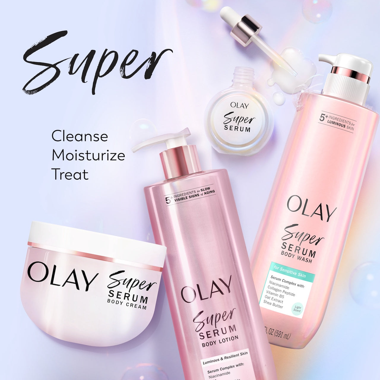 Super product lineup. Super Serum, Super Cream, Super Body Lotion and Super Body Wash containers. Cleanse, moisturize, treat Super product lineup. Super Serum, Super Cream, Super Body Lotion and Super Body Wash containers. Cleanse, moisturize, treat
