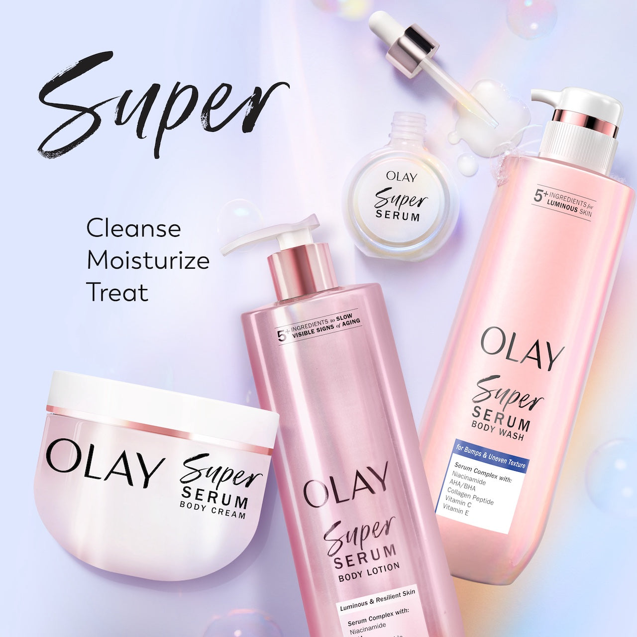 Super product lineup. Super Serum, Super Cream, Super Body Lotion and Super Body Wash containers. Cleanse, moisturize, treat Super product lineup. Super Serum, Super Cream, Super Body Lotion and Super Body Wash containers. Cleanse, moisturize, treat