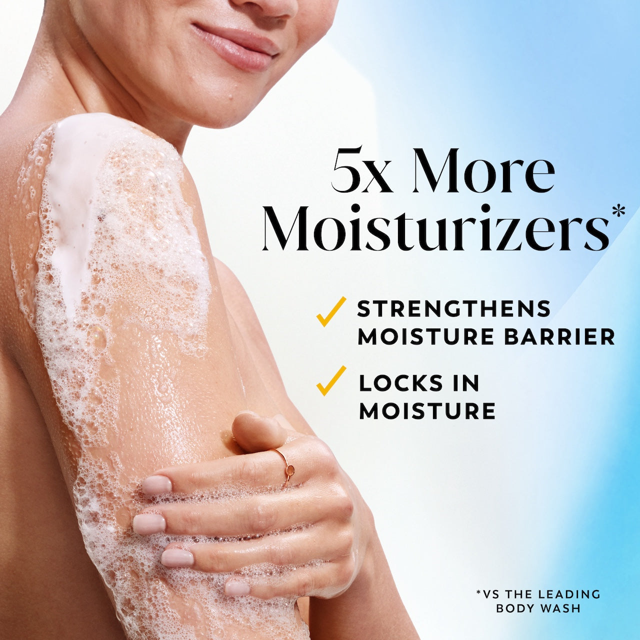 Model posing lathering arm with body wash. 5x more moisturizers* Strengthens moisture barrier. Locks in moisture. *vs the leading body wash. Model posing lathering arm with body wash. 5x more moisturizers* Strengthens moisture barrier. Locks in moisture. *vs the leading body wash.