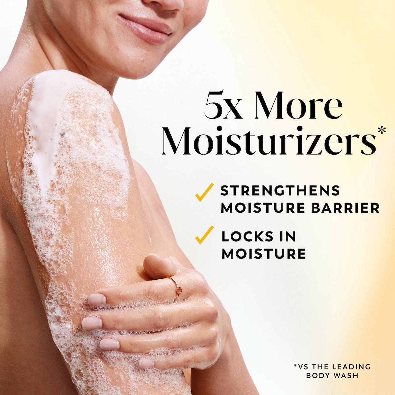 Model posing lathering body wash on arm. 5x more moisturizers*. Strengthens moisture barrier, locks in moisture. *Vs the leading body wash. Model posing lathering body wash on arm. 5x more moisturizers*. Strengthens moisture barrier, locks in moisture. *Vs the leading body wash.