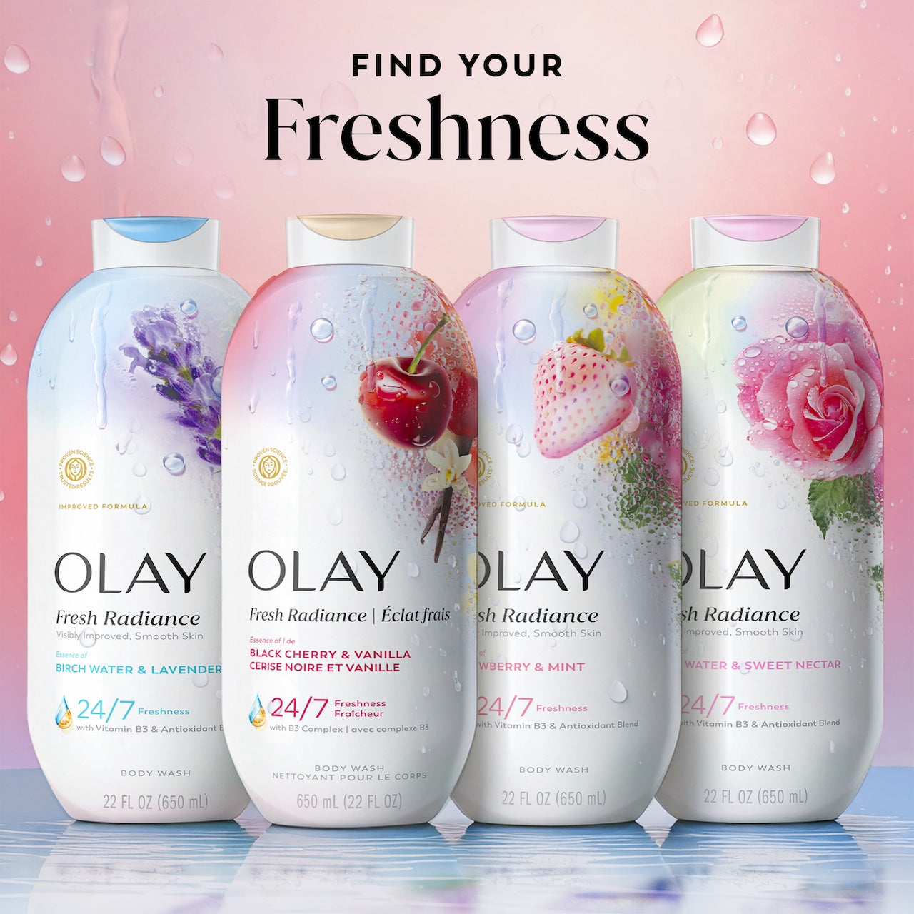 Fresh Radiance Body Wash 4 bottle lineup. Find your freshness Fresh Radiance Body Wash 4 bottle lineup. Find your freshness