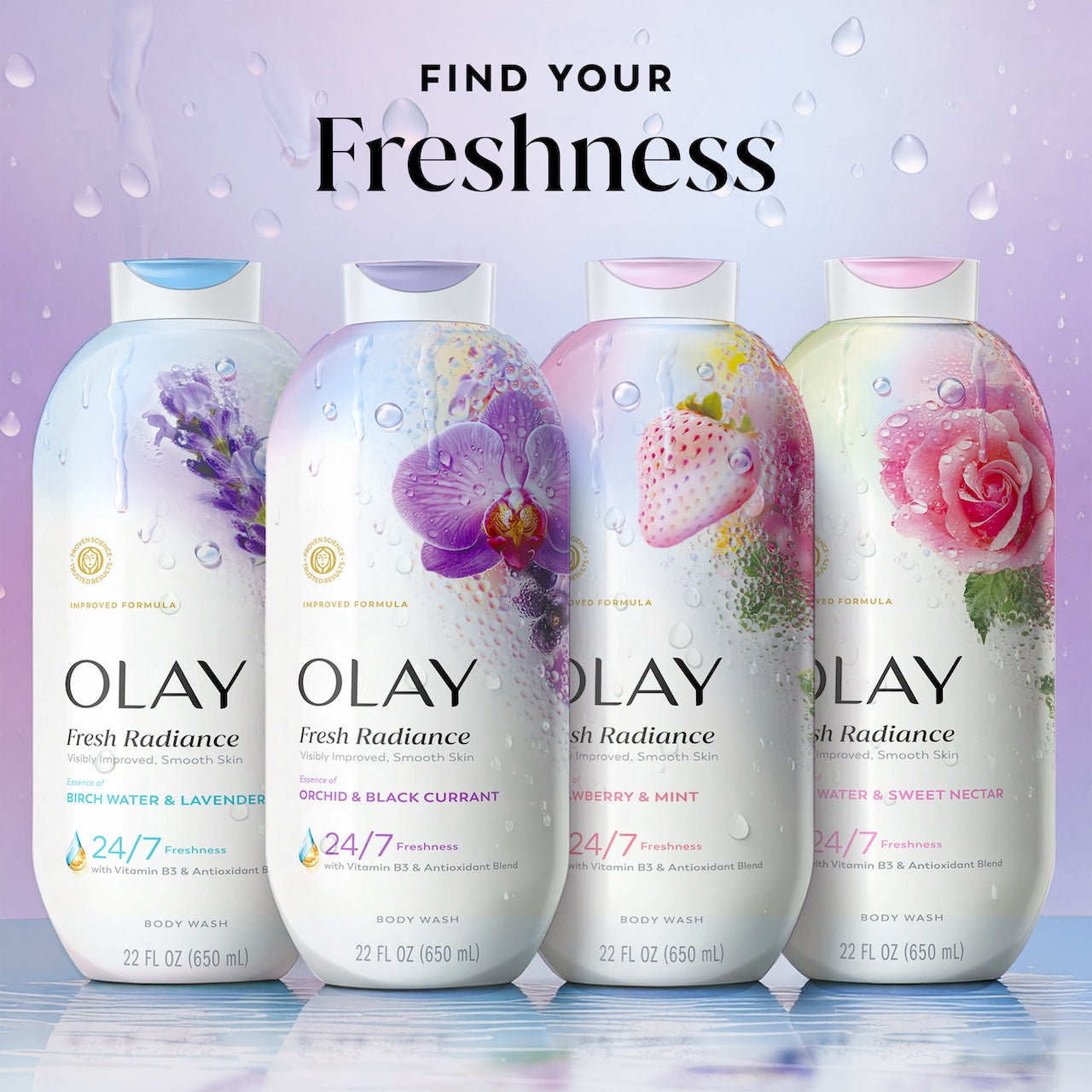 Fresh Radiance Body Wash 4 bottle lineup. Find your freshness Fresh Radiance Body Wash 4 bottle lineup. Find your freshness