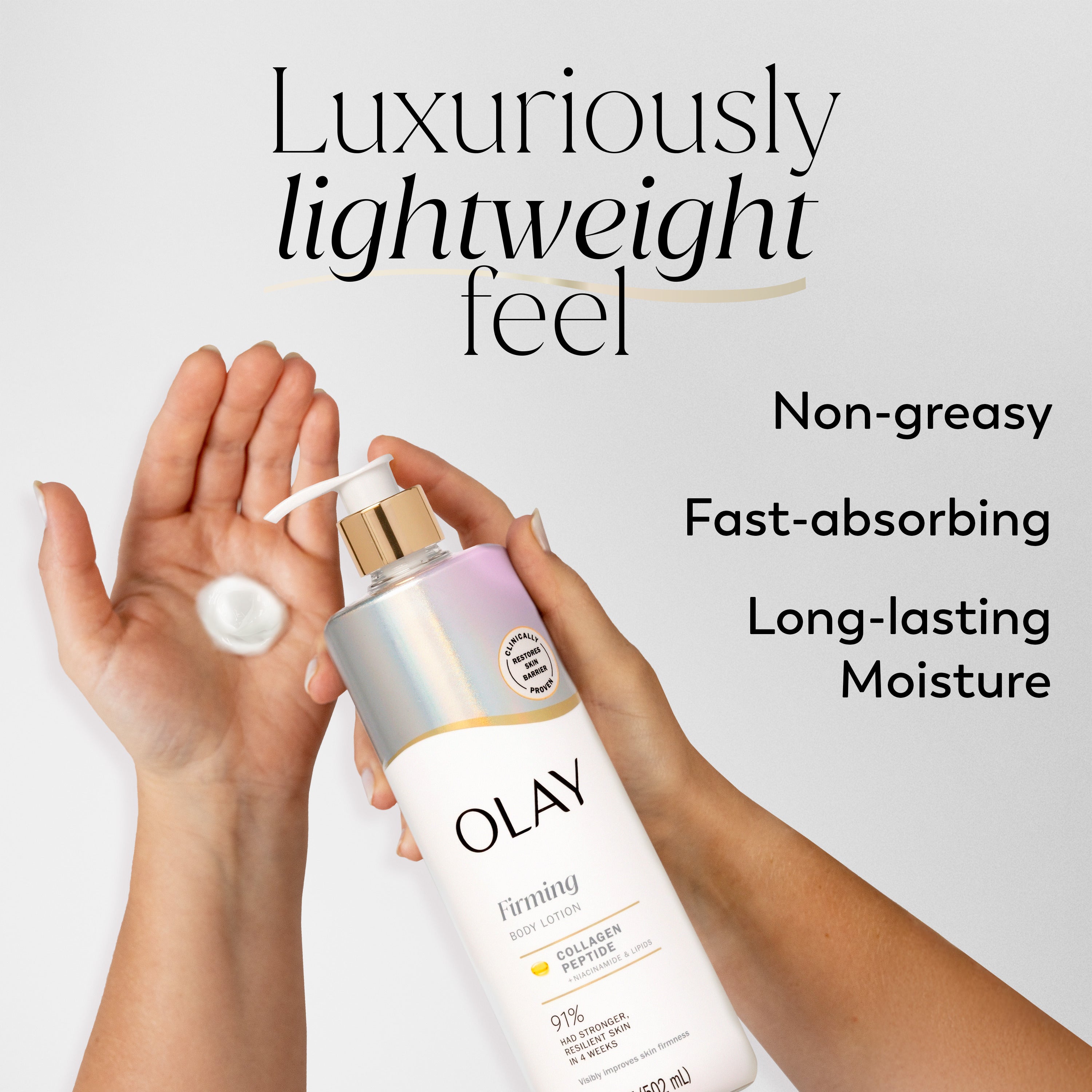 Model applying Olay Firming & Hydrating Body Lotion with Collagen in hand. Luxurious lightweight feel. Non greasy, fast absorbing, long lasting moisture. Model applying Olay Firming & Hydrating Body Lotion with Collagen in hand. Luxurious lightweight feel. Non greasy, fast absorbing, long lasting moisture.