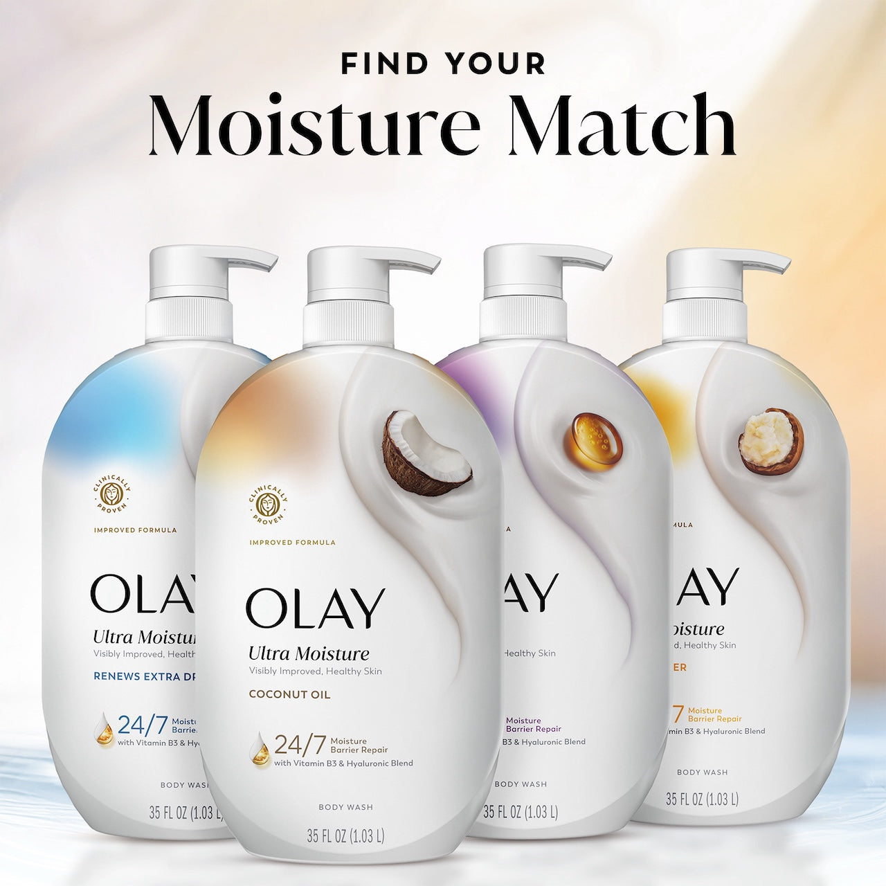 Find your match. 4 bottles Ultra Moisture body wash lineup Find your match. 4 bottles Ultra Moisture body wash lineup