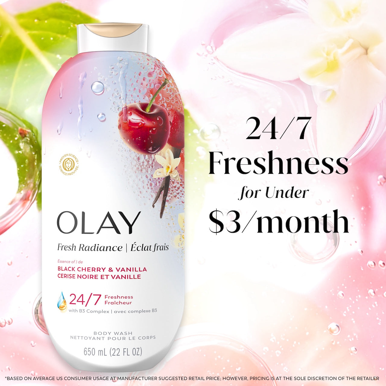 Fresh Radiance Body Wash bottle with leaves and watermelon in water. 24/7 freshness for under $3 a month Fresh Radiance Body Wash bottle with leaves and watermelon in water. 24/7 freshness for under $3 a month