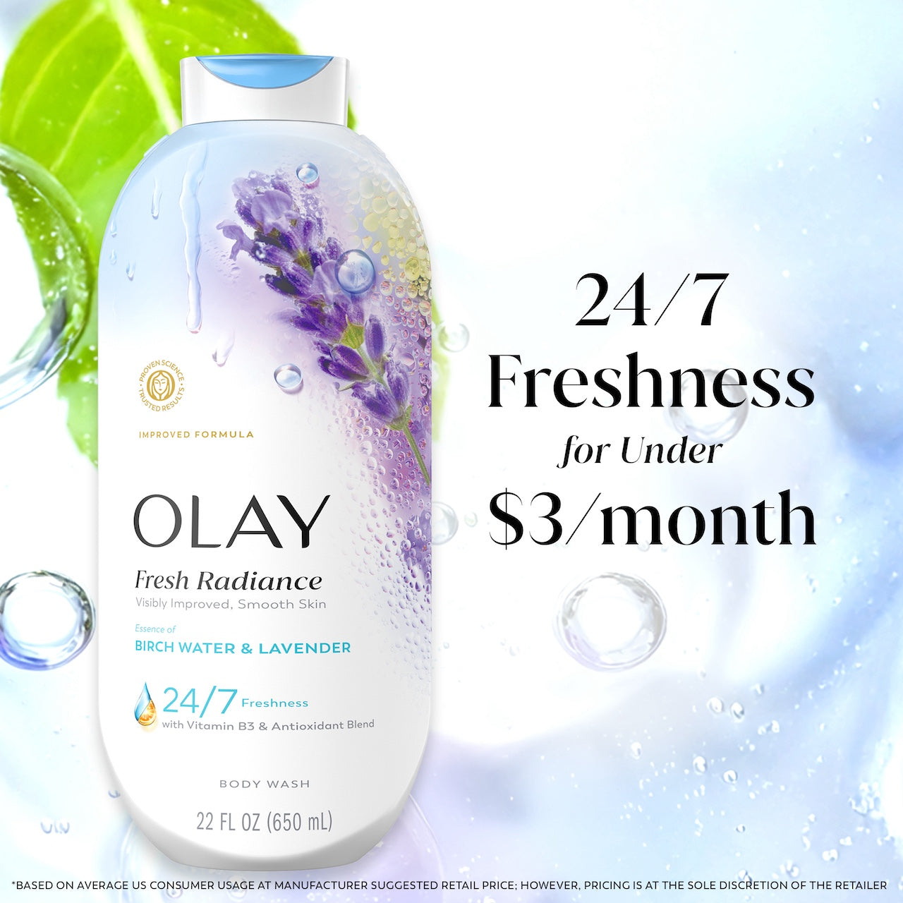 Fresh Radiance Body Wash bottle with leaves and watermelon in water. 24/7 freshness for under $3 a month Fresh Radiance Body Wash bottle with leaves and watermelon in water. 24/7 freshness for under $3 a month