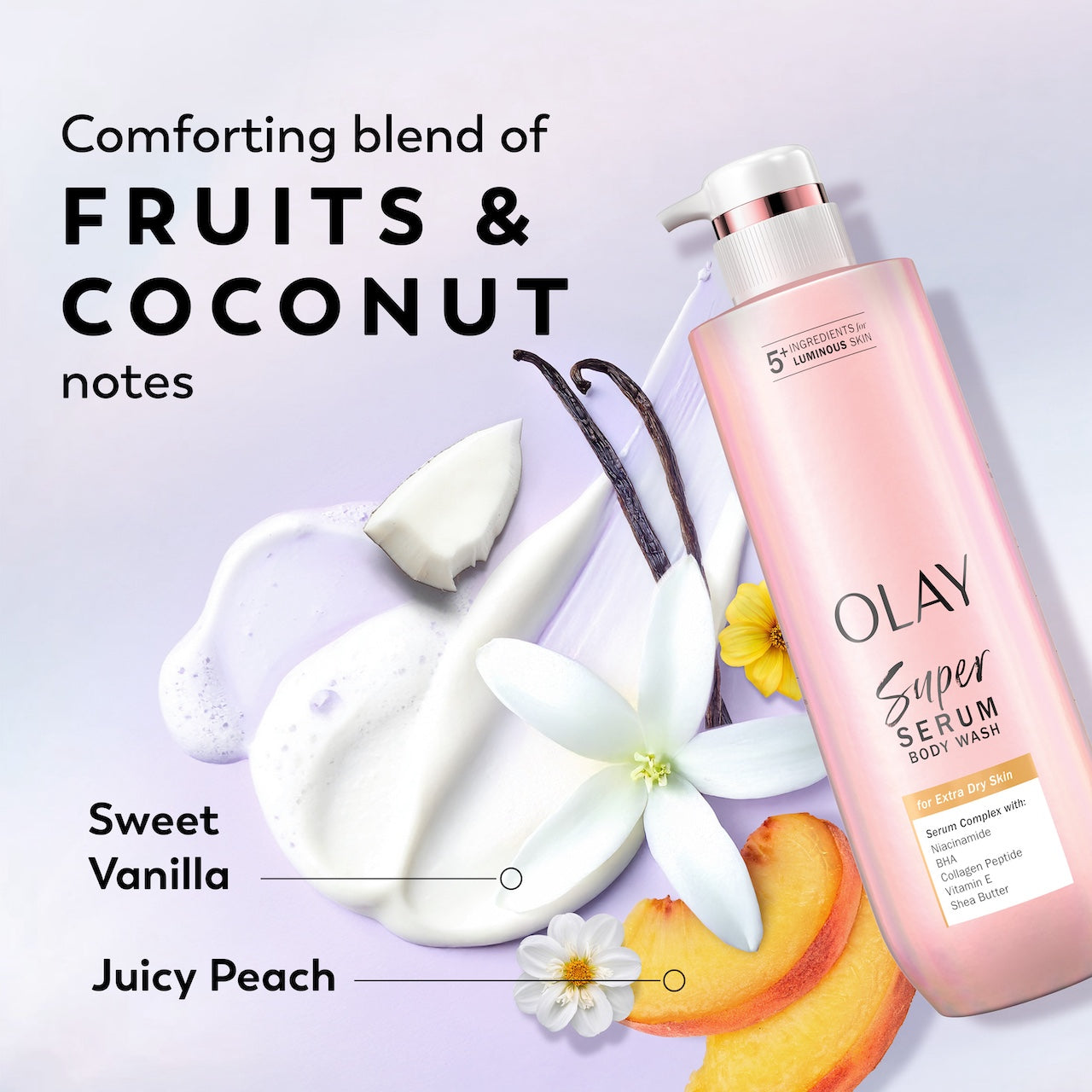 Super Serum Body Wash for Extra Dry Skin bottle. Comforting blend of fruits and coconut notes. Sweet vanilla, juicy peach Super Serum Body Wash for Extra Dry Skin bottle. Comforting blend of fruits and coconut notes. Sweet vanilla, juicy peach