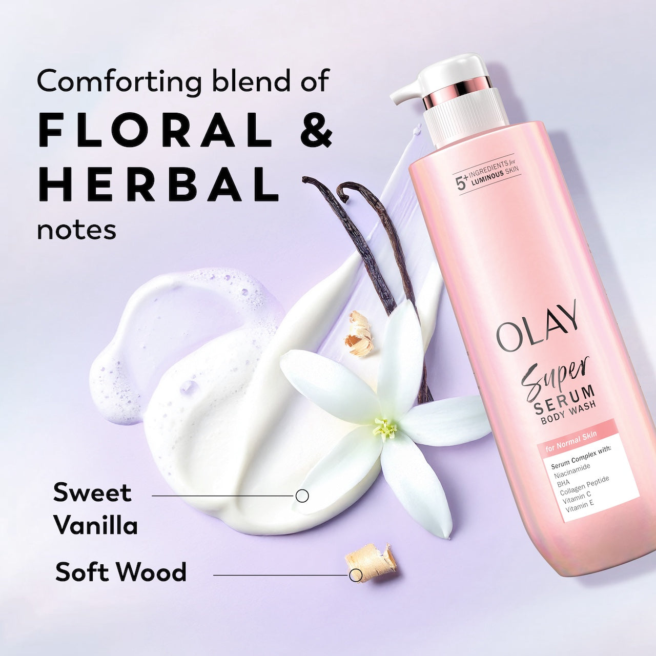 Super Serum Body Wash for Normal Skin bottle. Comforting blend of floral and herbal notes. Sweet vanilla, sandal wood Super Serum Body Wash for Normal Skin bottle. Comforting blend of floral and herbal notes. Sweet vanilla, sandal wood