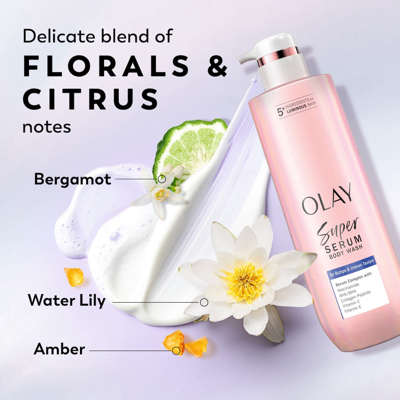 Super Serum Body Wash for Bumps & Uneven Textured Skin, delicate blend of florals and citrus notes Bergamot, Water Lily, Amber Super Serum Body Wash for Bumps & Uneven Textured Skin, delicate blend of florals and citrus notes Bergamot, Water Lily, Amber