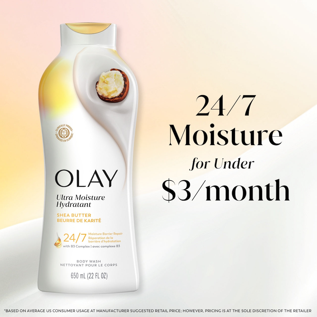 Ultra Moisture Body Wash Shea Butter bottle. 24/7 moisture for under $3 a month. Ultra Moisture Body Wash Shea Butter bottle. 24/7 moisture for under $3 a month.