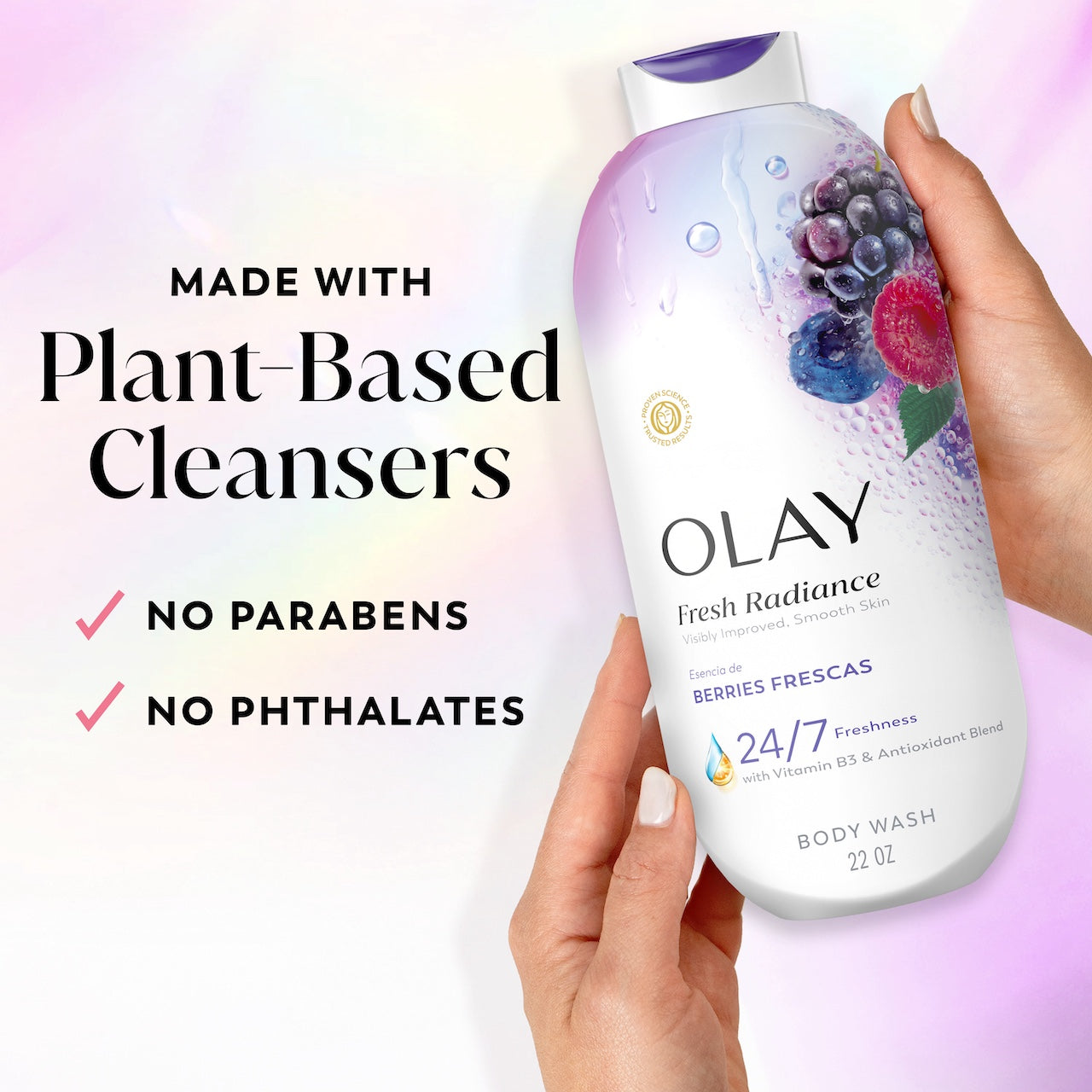 Model holding Fresh Radiance Body Wash bottle. Made with plant based cleansers. No parabens, no phthalates Model holding Fresh Radiance Body Wash bottle. Made with plant based cleansers. No parabens, no phthalates