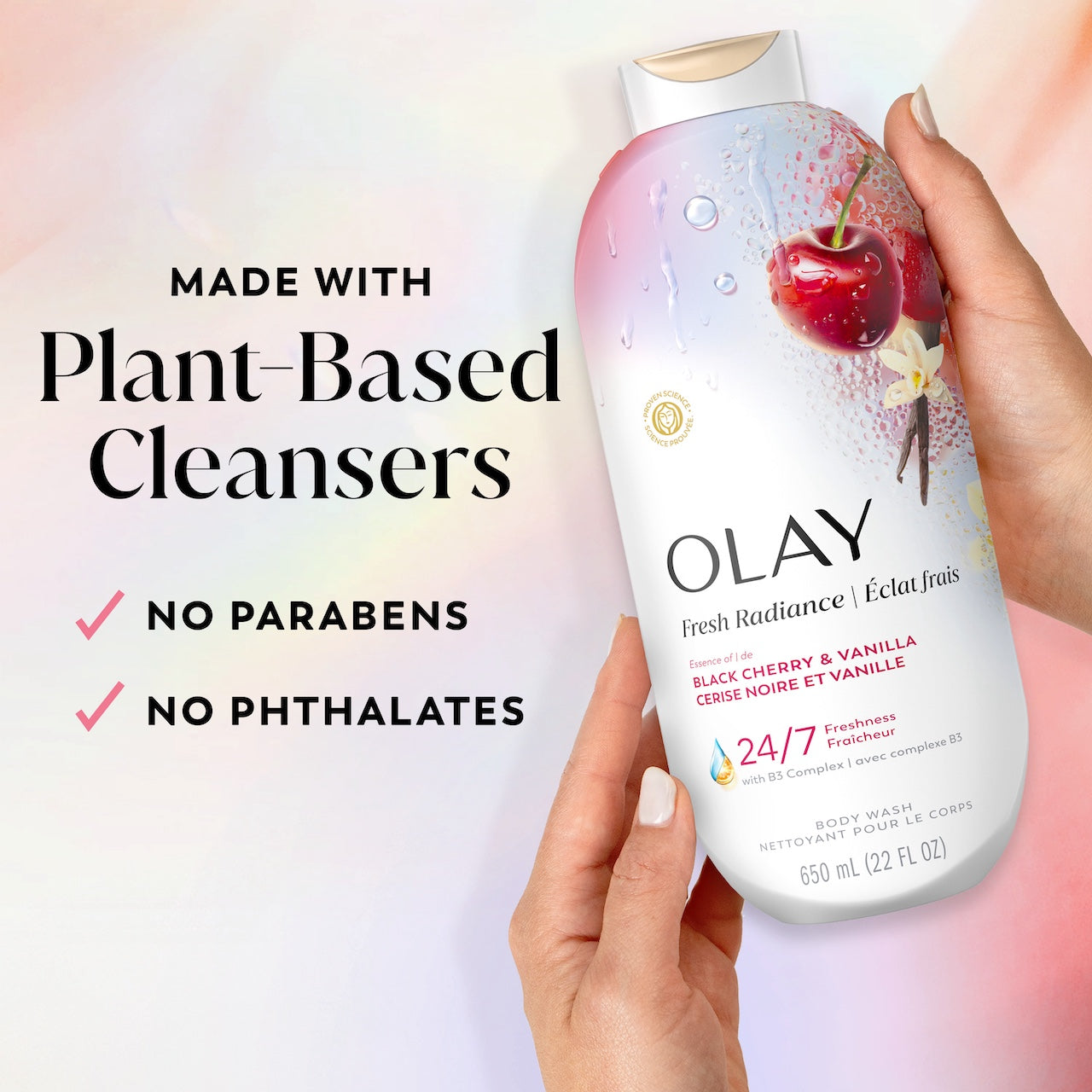 Model holding Fresh Radiance Body Wash bottle. Made with plant based cleansers. No parabens, no phthalates Model holding Fresh Radiance Body Wash bottle. Made with plant based cleansers. No parabens, no phthalates