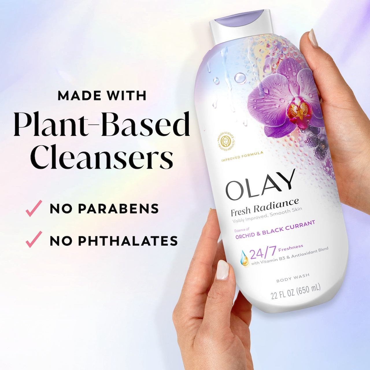 Model holding Fresh Radiance Body Wash bottle. Made with plant based cleansers. No parabens, no phthalates Model holding Fresh Radiance Body Wash bottle. Made with plant based cleansers. No parabens, no phthalates