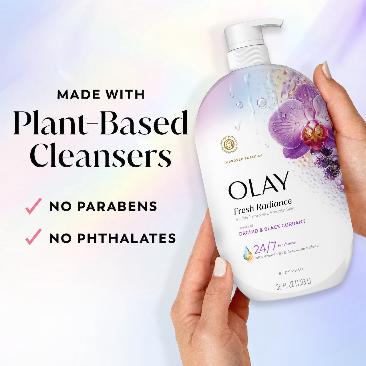 Model holding Fresh Radiance Body Wash bottle. Made with plant based cleansers. No parabens, no phthalates Model holding Fresh Radiance Body Wash bottle. Made with plant based cleansers. No parabens, no phthalates