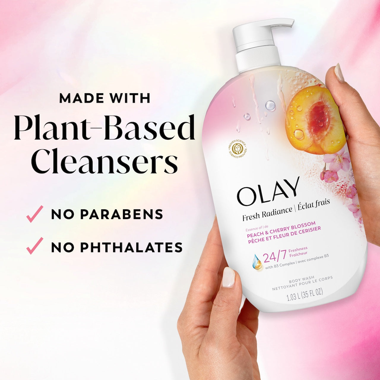 Model holding Fresh Radiance Body Wash bottle. Made with plant based cleansers. No parabens, no phthalates Model holding Fresh Radiance Body Wash bottle. Made with plant based cleansers. No parabens, no phthalates