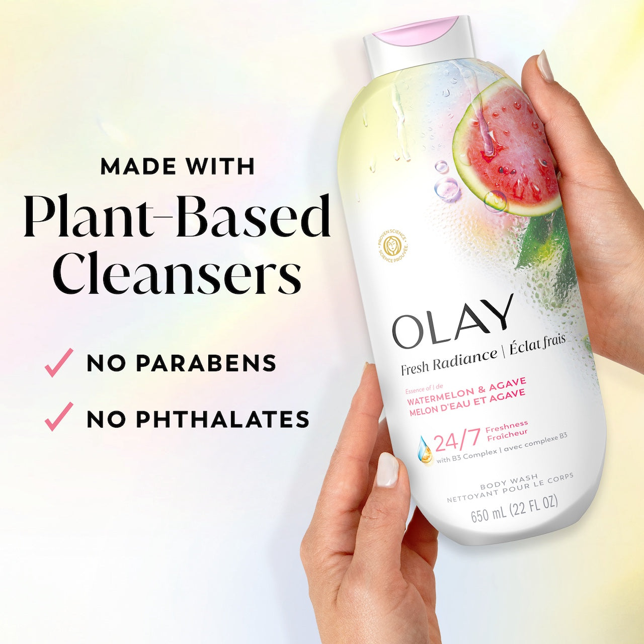 Model holding Fresh Radiance Body Wash bottle. Made with plant based cleansers. No parabens, no phthalates Model holding Fresh Radiance Body Wash bottle. Made with plant based cleansers. No parabens, no phthalates